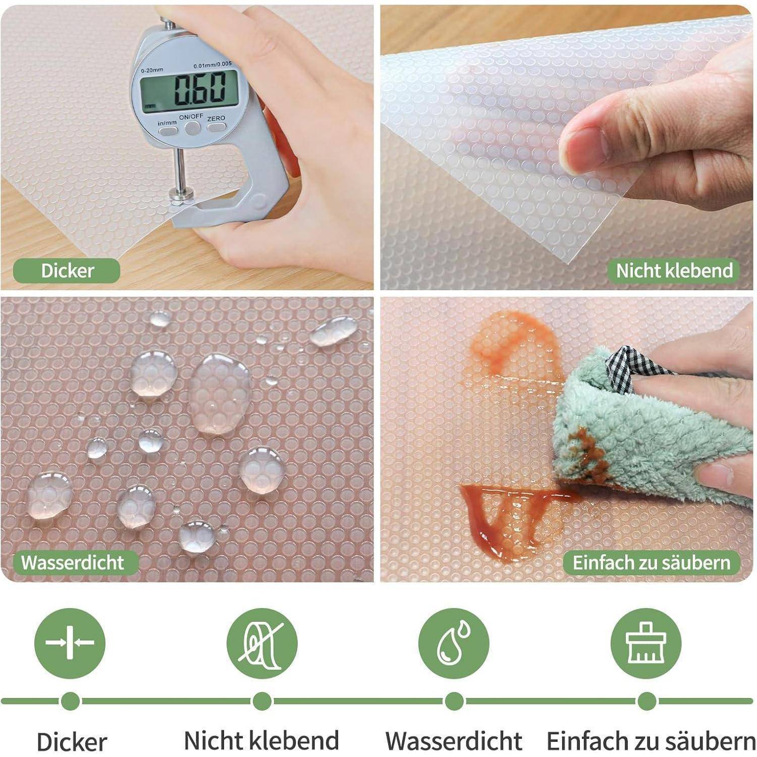 Vier-Panel-Produktgrafik, die einen transparenten Schutzfilm zeigt: dicker, antihaftend, wasserdicht und leicht zu reinigen.