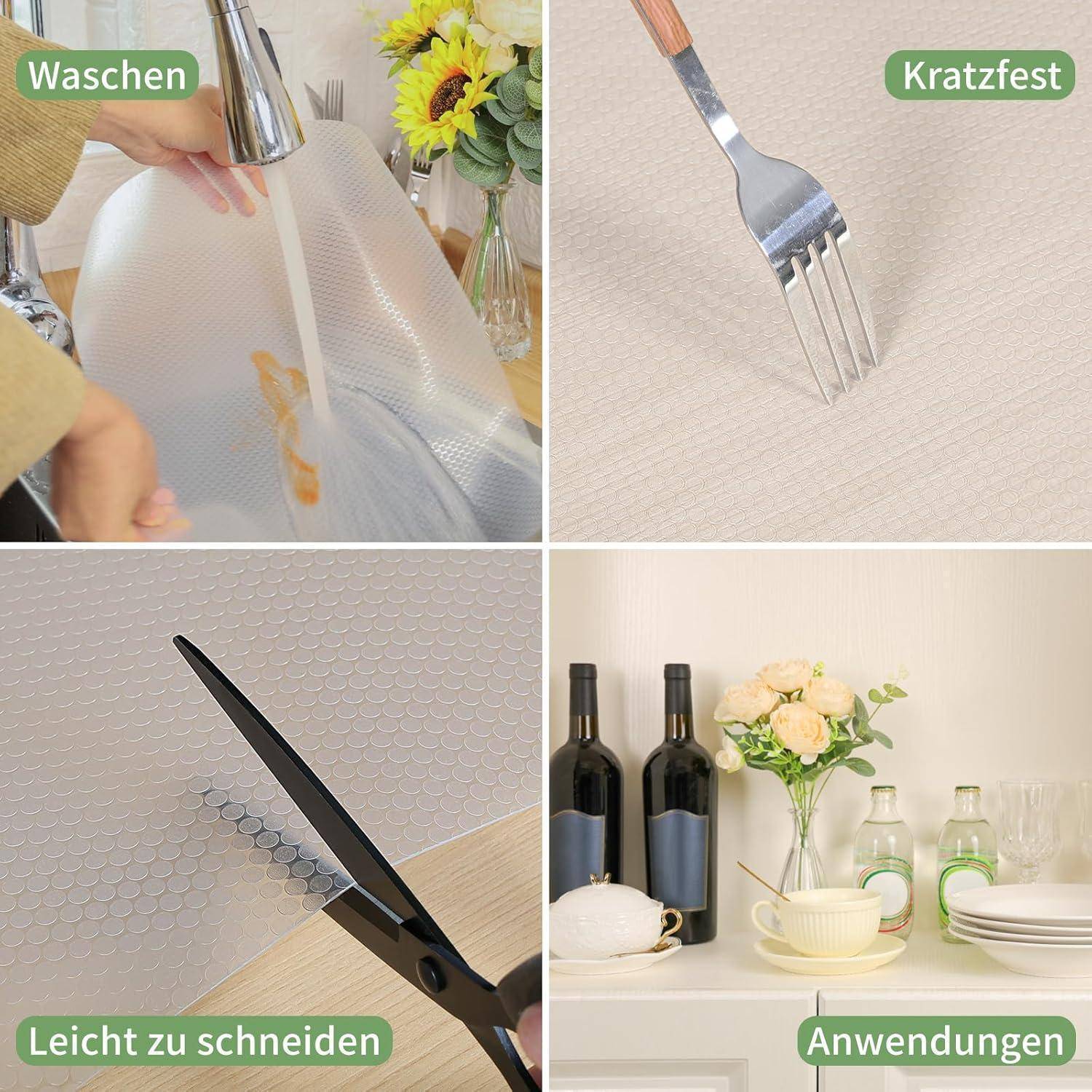 Vier-Panel-Produktdemonstration zeigt eine durchscheinende Matte oder Folie, die gewaschen wird, mit einer Gabel kratzergetestet wird, einfach mit einer Schere geschnitten wird und auf einem Regal-/Tischaufbau verwendet wird.
