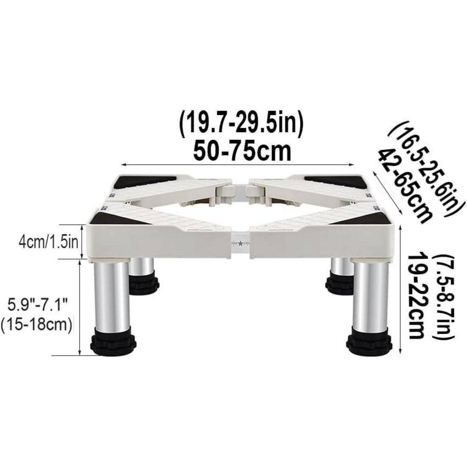 Diagramm einer verstellbaren Bettrahmenunterlage mit Abmessungen: 50-75 cm breit, 42-65 cm lang und 19-22 cm hoch, mit 15-18 cm Bodenfreiheit für die Beine.