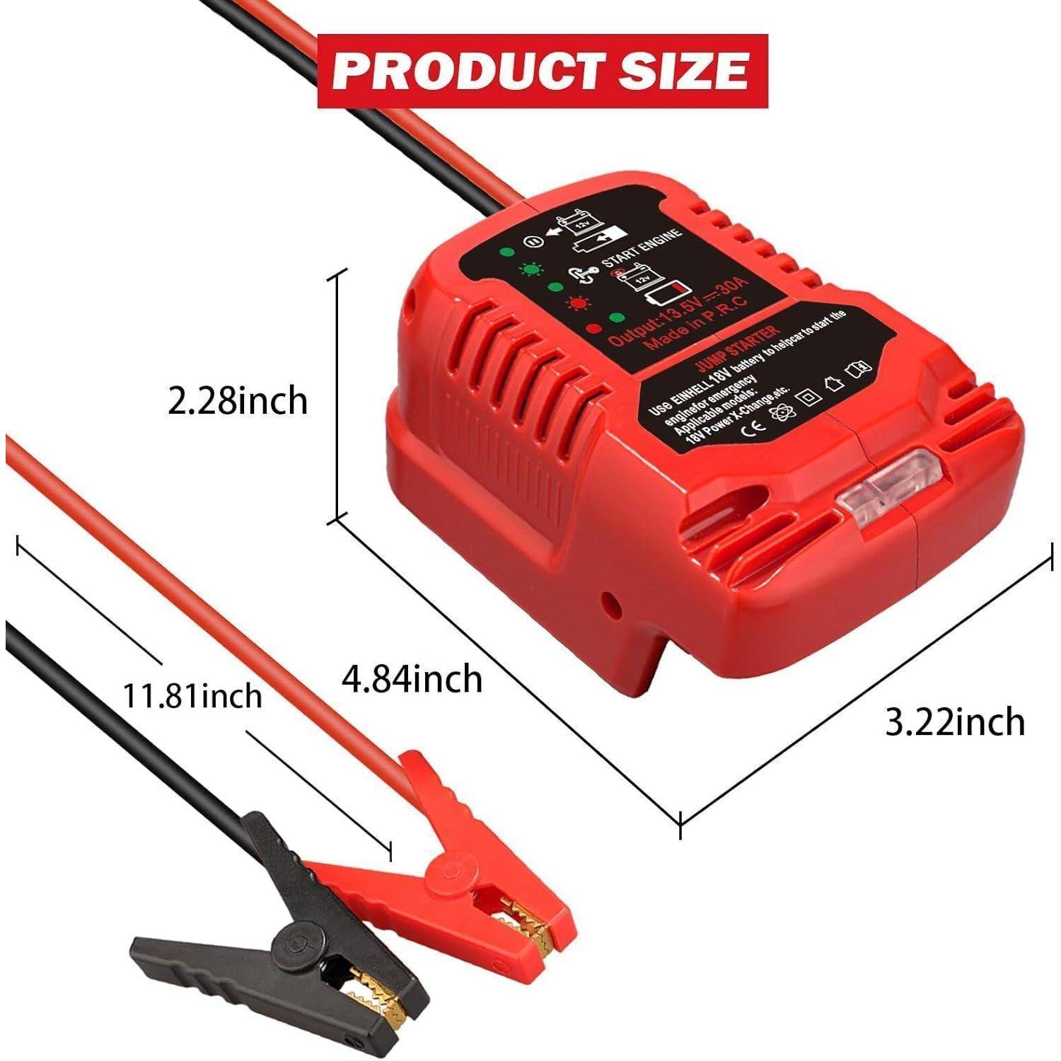 Produktgrößendiagramm eines roten Batterie-Ladegeräts mit Kabeln und Klemmen, beschriftet mit 4,84 Zoll Länge, 3,22 Zoll Breite und 2,28 Zoll Höhe; Klemmkabellänge 11,81 Zoll.