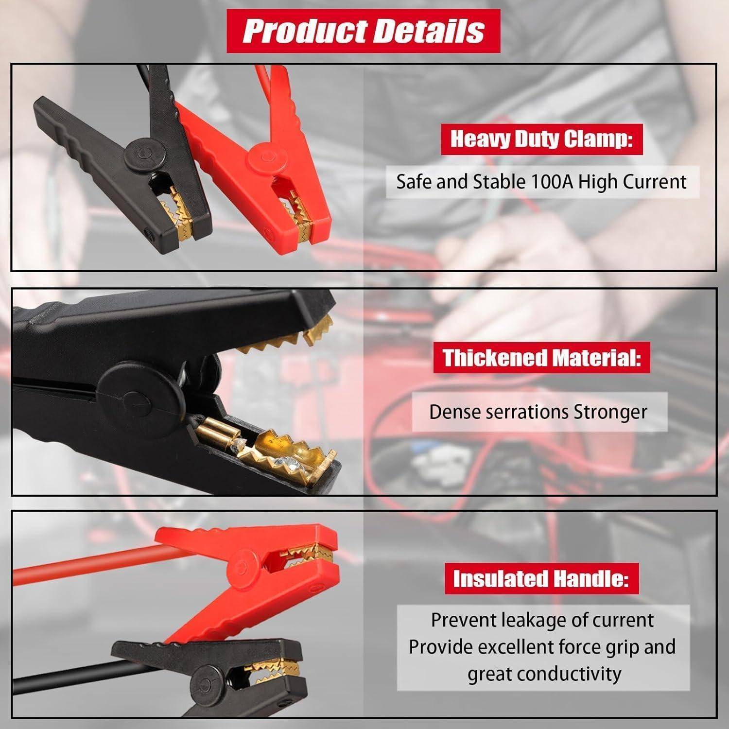 Produktdetails für schwere Autostarterkabel-Klemmen, die schwarze und rote isolierte Klemmen mit verdickten Backen und Griffen für sichere 100A-Stromfluss zeigen.