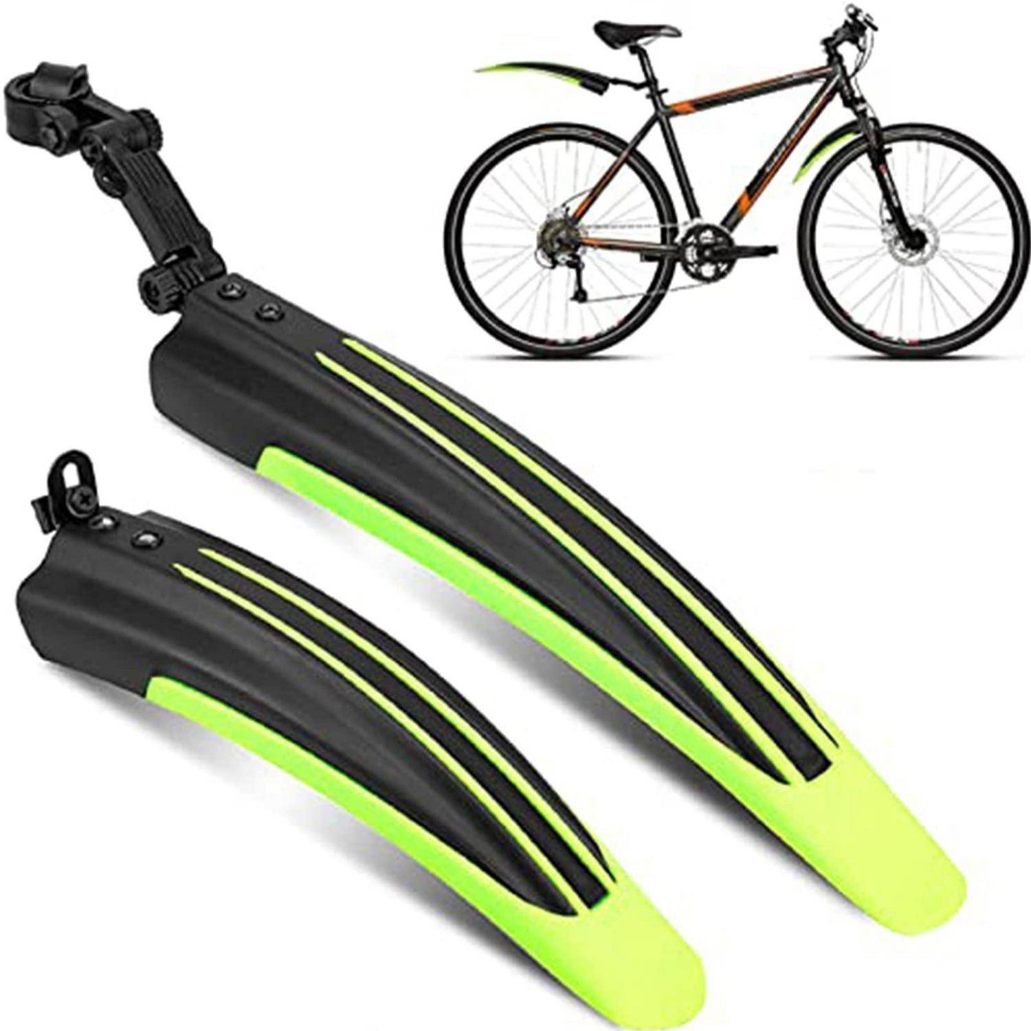 Zwei neongrüne und schwarze Schutzbleche für Fahrräder, mit einem Fahrrad in der Ecke gezeigt, um anzudeuten, dass sie für ein Fahrradrad sind.