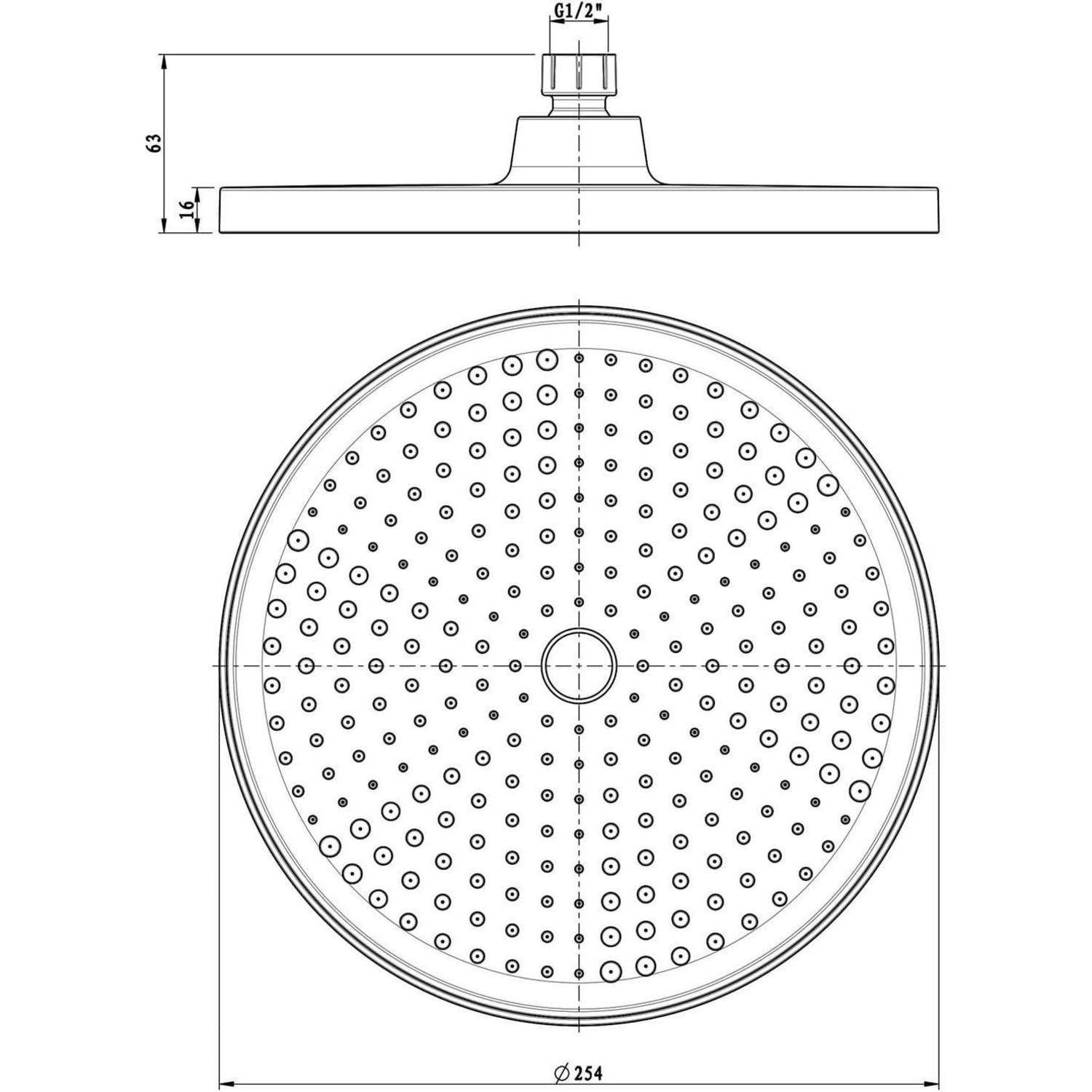 Technische Zeichnung eines runden Duschkopfes, von der Seite und von vorne dargestellt, mit 'G1/2'-Anschluss und 254 mm Durchmesser, bedeckt mit Sprühdüsen.