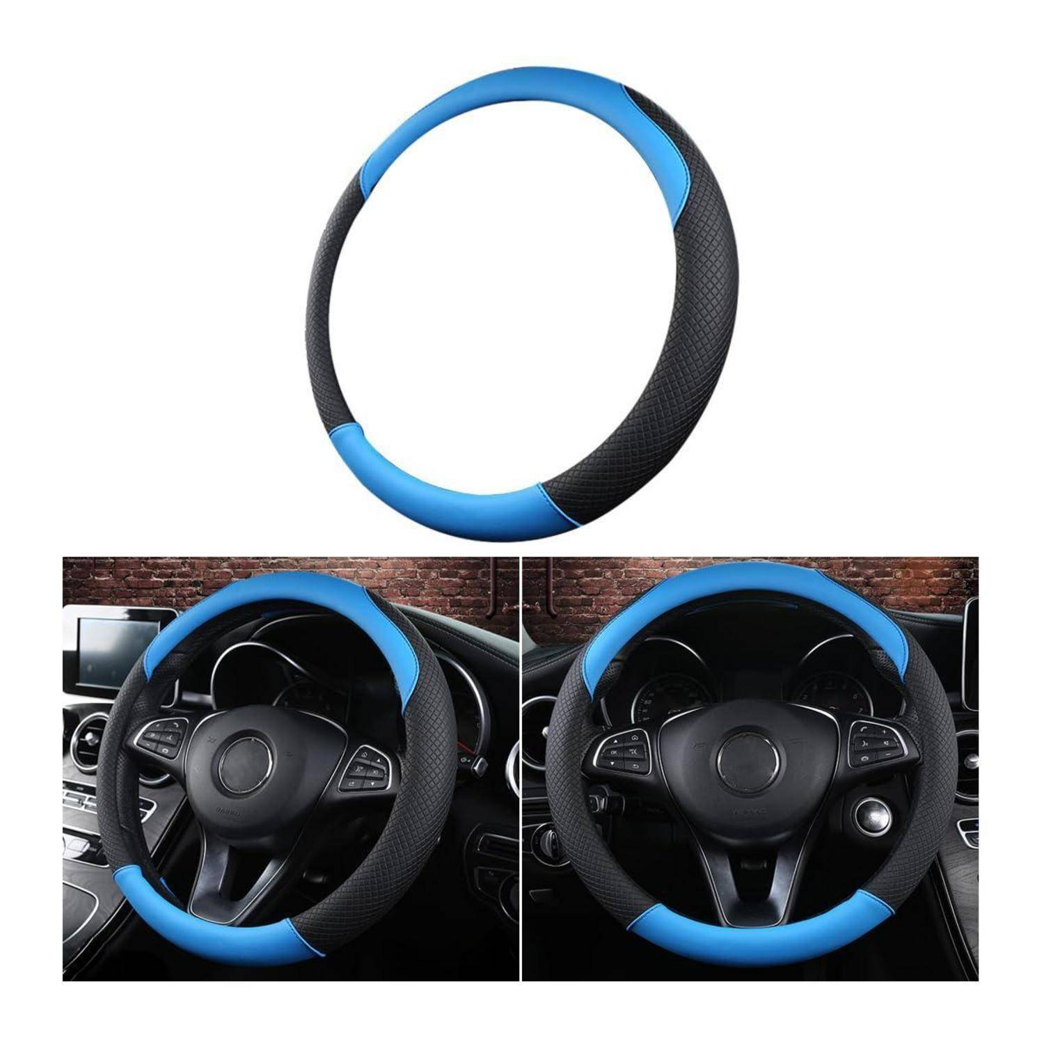 Blau-schwarze strukturierte Lenkradabdeckung, einzeln abgebildet und auf einem Lenkrad im Inneren eines Autos montiert.