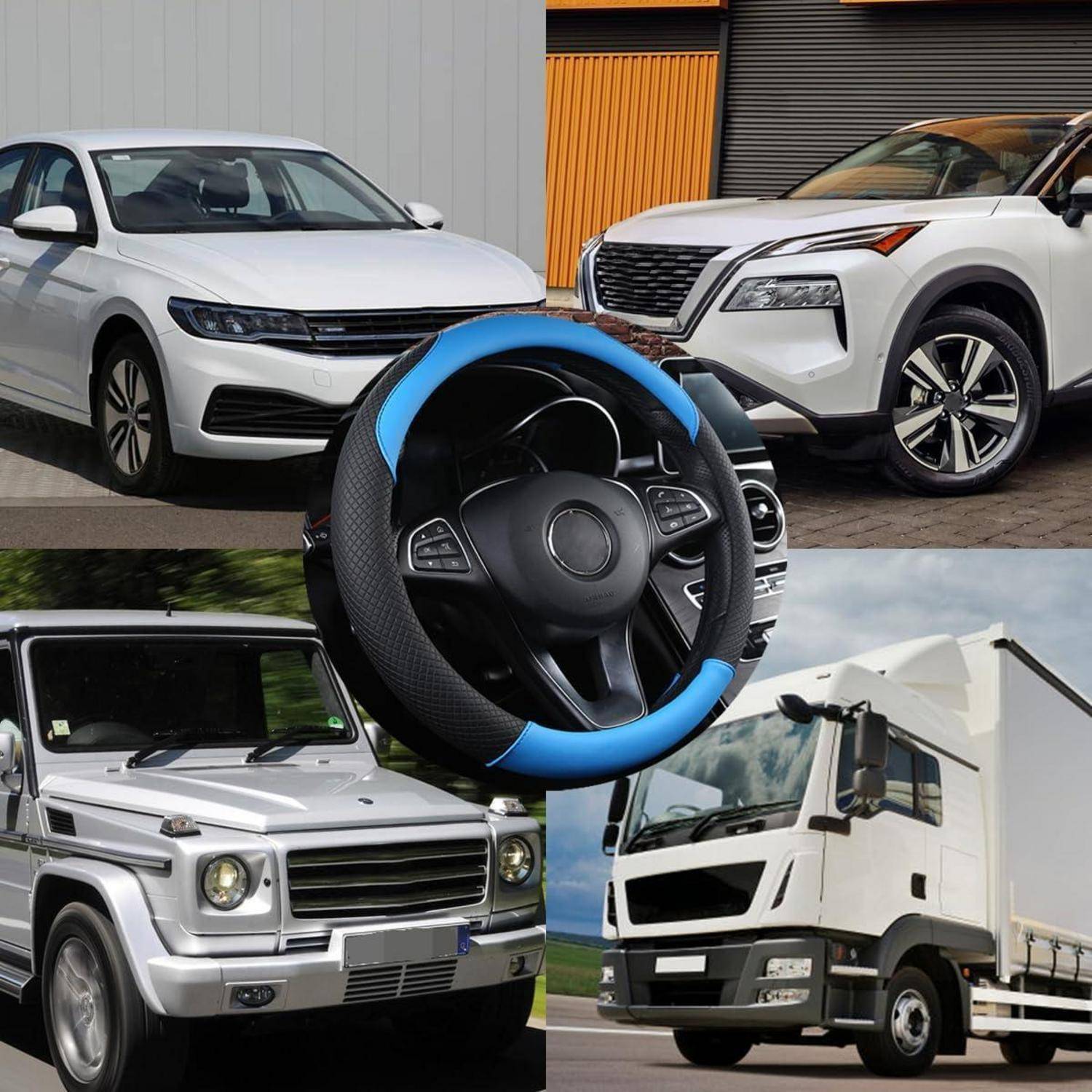 Collage von Fahrzeugen: zwei weiße SUVs, ein Mercedes G-Klasse und ein weißer Lastkraftwagen, mit einem blau-schwarzen Lenkrad in der Mitte vorne.