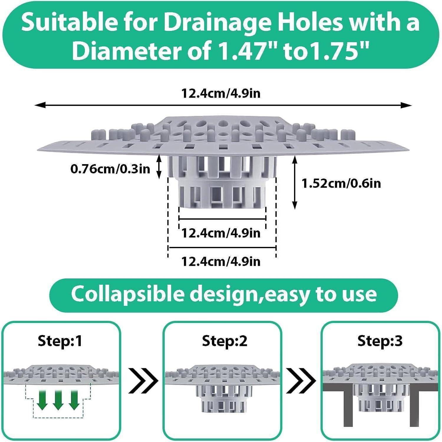 Diagramm einer zusammenklappbaren Abdeckung für Ablöcher mit einer Breite von 1,47 bis 1,75 Zoll, mit einer Breite von 4,9 Zoll und Abmessungen von 0,3 bis 0,6 Zoll sowie drei Installationsschritte.