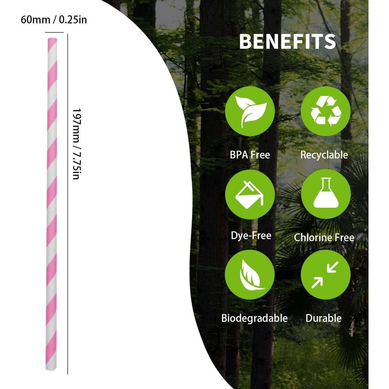 Abbildung eines rosa-weiß gestreiften Papiertrinkhalms, 197 mm lang und 60 mm breit, mit Symbolen, die folgende Vorteile zeigen: BPA-frei, recycelbar, farbstofffrei, chlorfrei, biologisch abbaubar und langlebig.