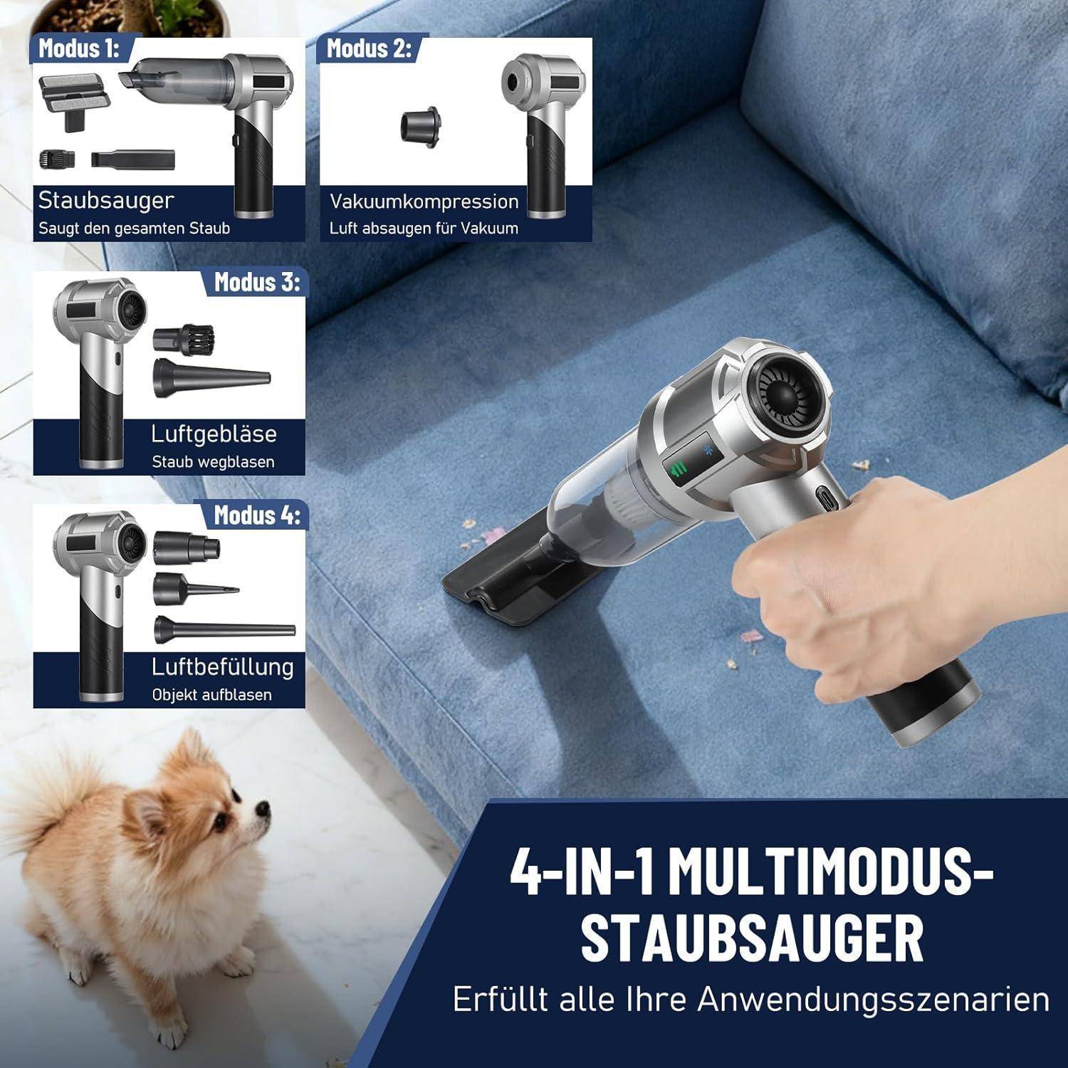 Tragbarer 4-in-1-Mehrzweck-Staubsauger auf einem Sofa mit vier gekennzeichneten Modi: Absaugung, Vakuumkompression, Luftblasen und Aufblasen.