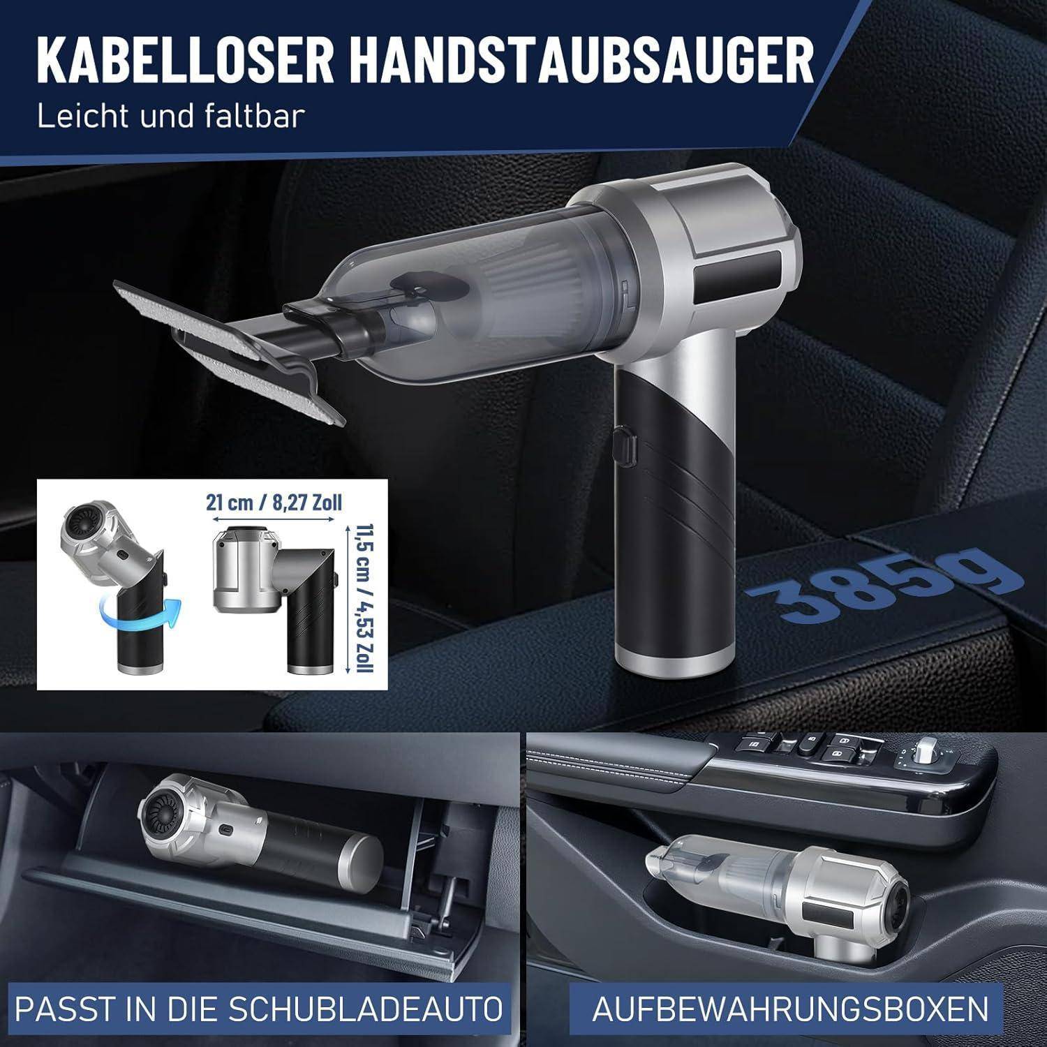 Kabelloser Handstaubsauger 16000Pa, 4-in-1 Akku Auto Staubsauger mit 6000mAh, Faltbarer Mini Staubsauger mit LED Akku-Anzeige & 9 Düsen für Zuhause