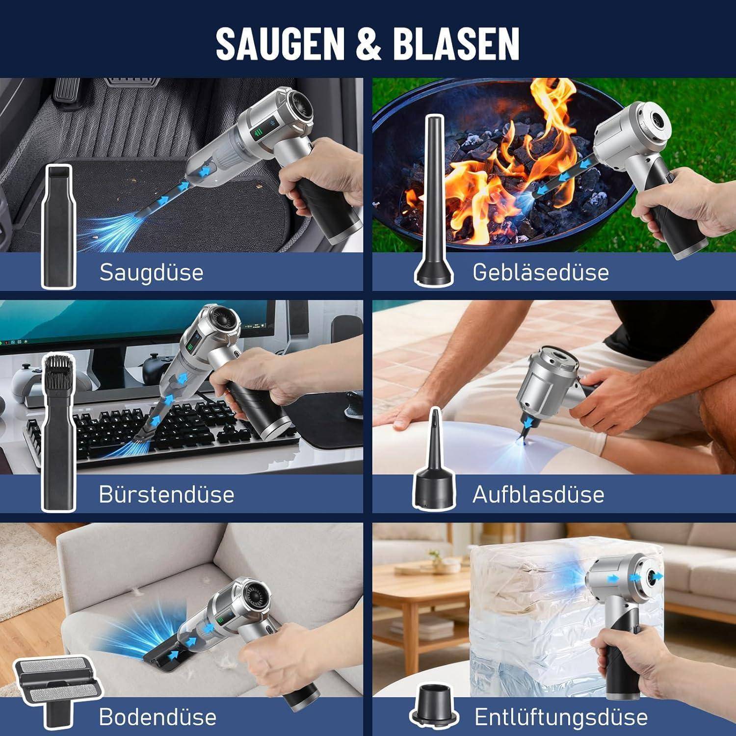 Kabelloser Handstaubsauger 16000Pa, 4-in-1 Akku Auto Staubsauger mit 6000mAh, Faltbarer Mini Staubsauger mit LED Akku-Anzeige & 9 Düsen für Zuhause