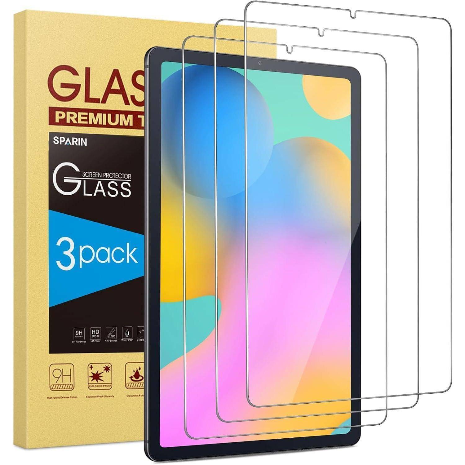 Displayschutzfolien-Verpackung mit einem Tablet und drei klaren Glaschutzfolien mit den Aufschriften „3er Pack