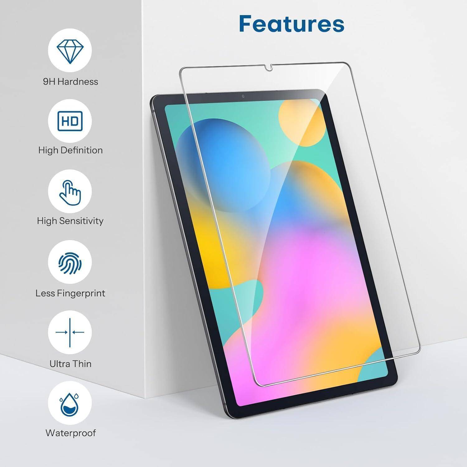 Werbegrafik einer Tablet-Displayschutzfolie mit Beschriftungen für 9H-Härte, hochauflösend, hohe Empfindlichkeit, weniger Fingerabdrücke, ultradünn und wasserdicht.