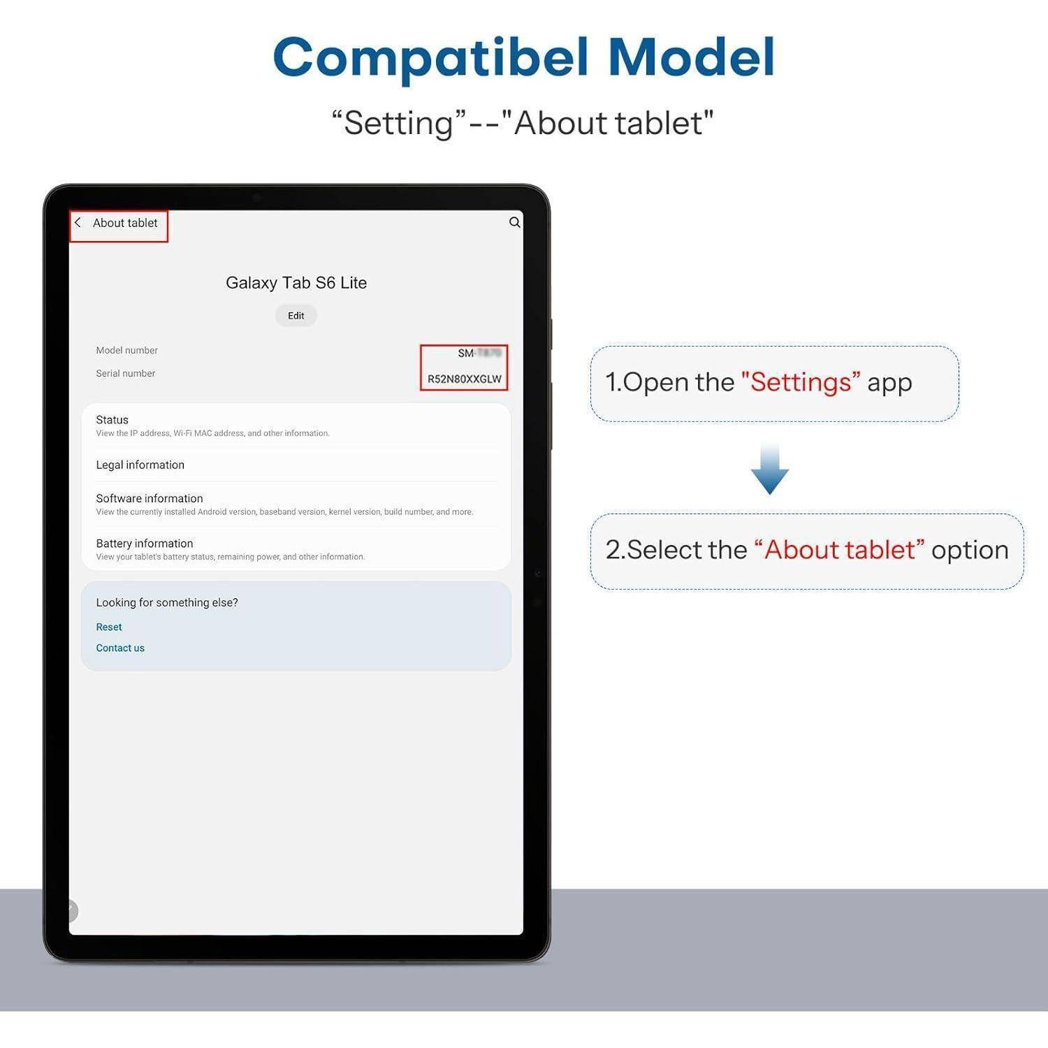 Anweisungsgrafik zeigt den Bildschirm „Über das Tablet" eines Tablets und Schritte: Öffnen Sie die Einstellungs-App und wählen Sie dann „Über das Tablet"" auf einem Galaxy Tab S6 Lite aus.