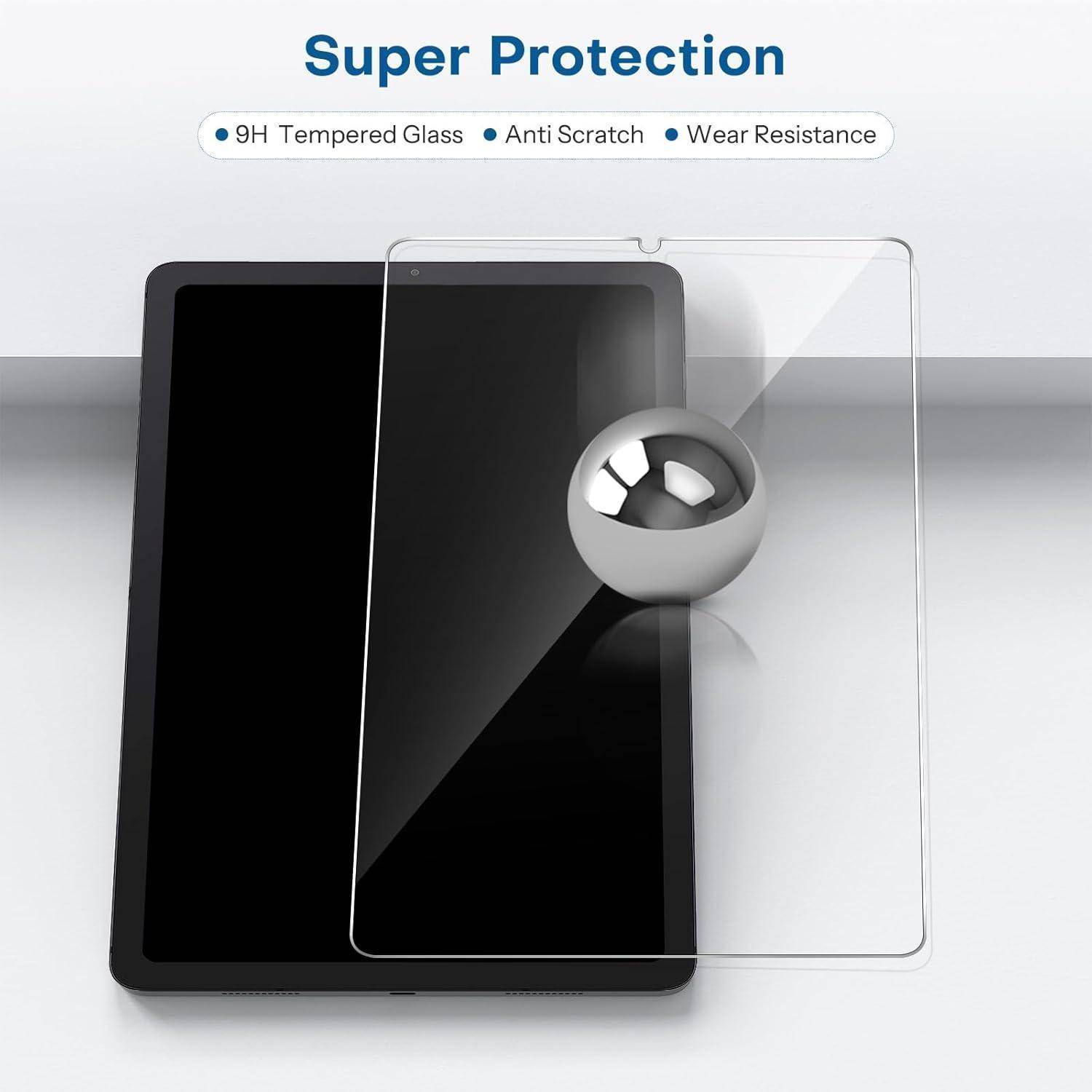 Bild eines Tablets mit einer transparenten gehärteten Glasschutzfolie mit der Bezeichnung "Super Protection"", die 9H-Härte, Kratzerbeständigkeit und Verschleißfestigkeit hervorhebt.