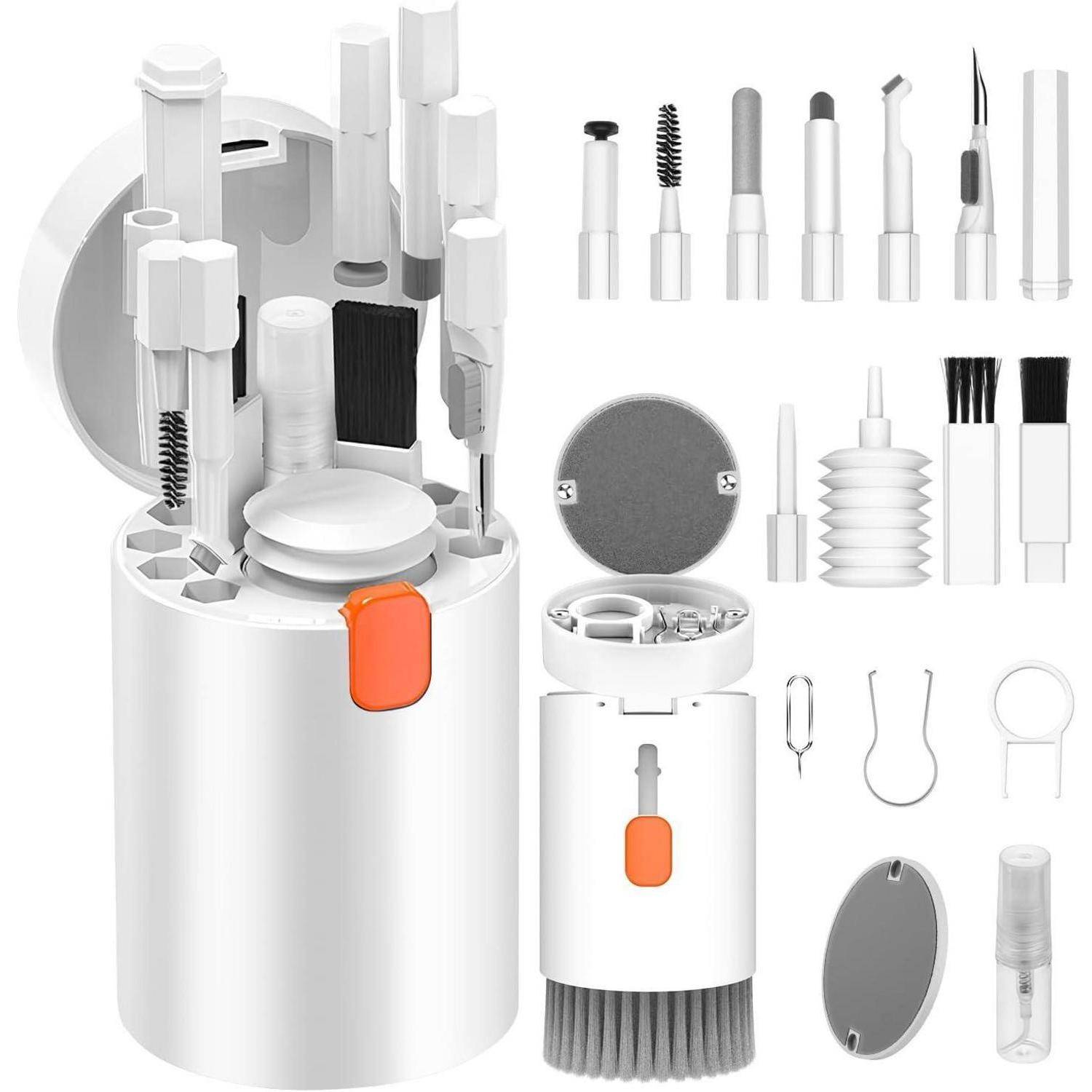 Weiße zylindrische Schönheitsorganizer mit Deckel und Bürstenhalter, mit sortierten Make-up-Pinseln, Applikatoren und abnehmbaren Zubehöraufsätzen, die darum herum angeordnet sind.