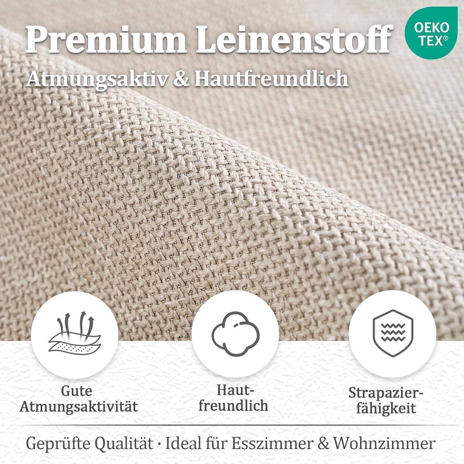 Werbebild von beigem Premium-Leinenstoff mit dem Text „Premium Leinenstoff