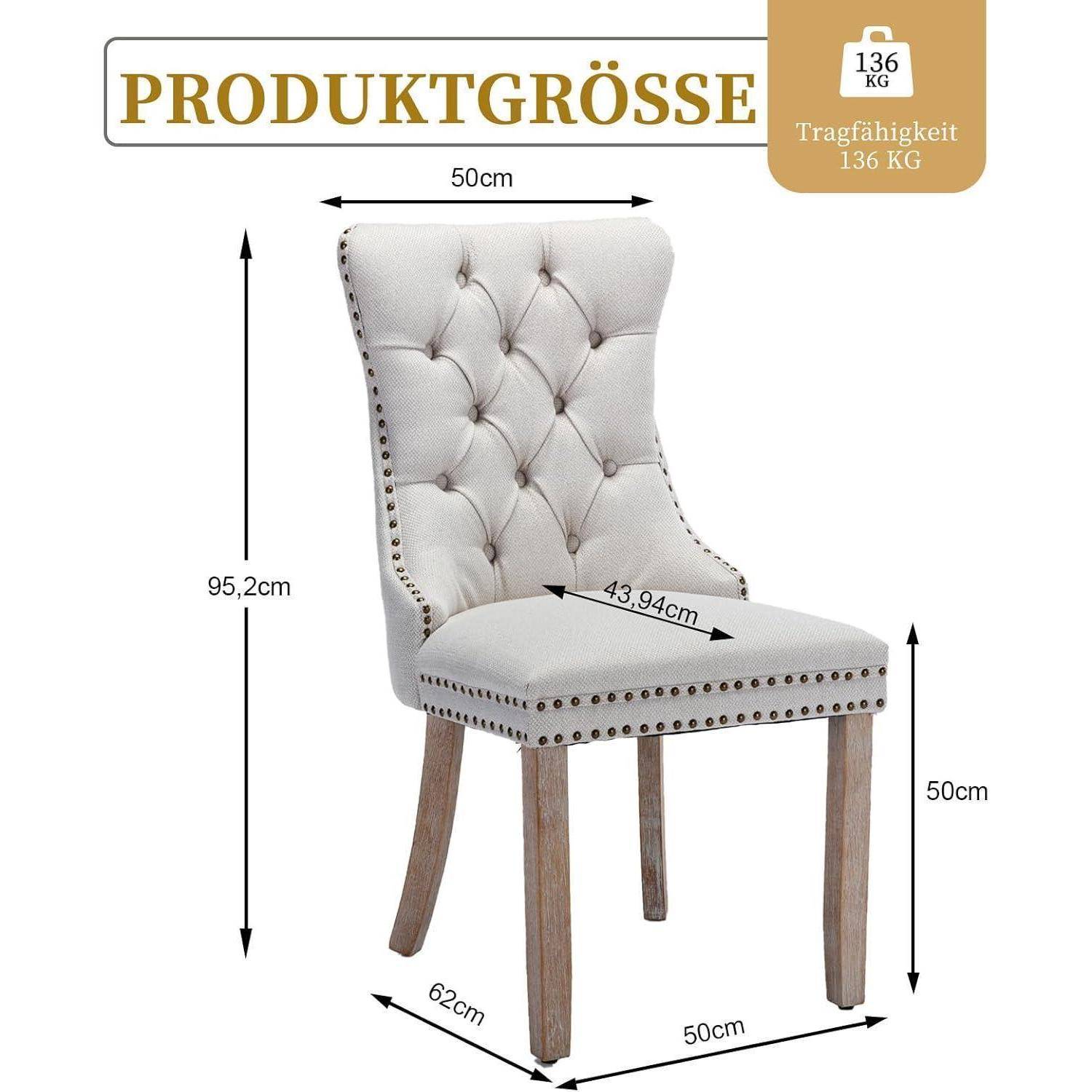 Diagramm eines gesteppten, gepolsterten Stuhls mit Produktabmessungen: 95,2 cm Höhe, 50 cm Breite, 50 cm Sitzhöhe, 62 cm Tiefe, 43,94 cm Sitztiefe und 136 kg Gewichtskapazität.