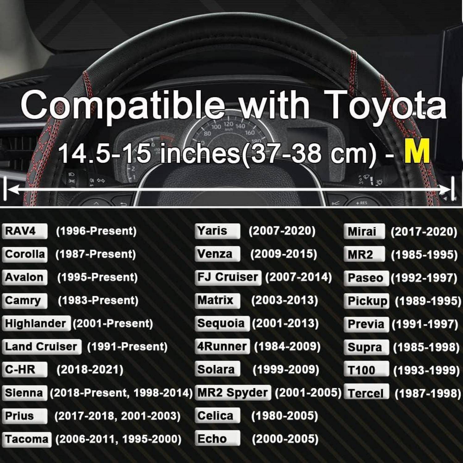 Toyota Lenkradbezug-Kompatibilitätstabelle für 14,5-15 Zoll (37-38 cm), Größe M, Auflistung kompatibler Modelle nach Jahr.