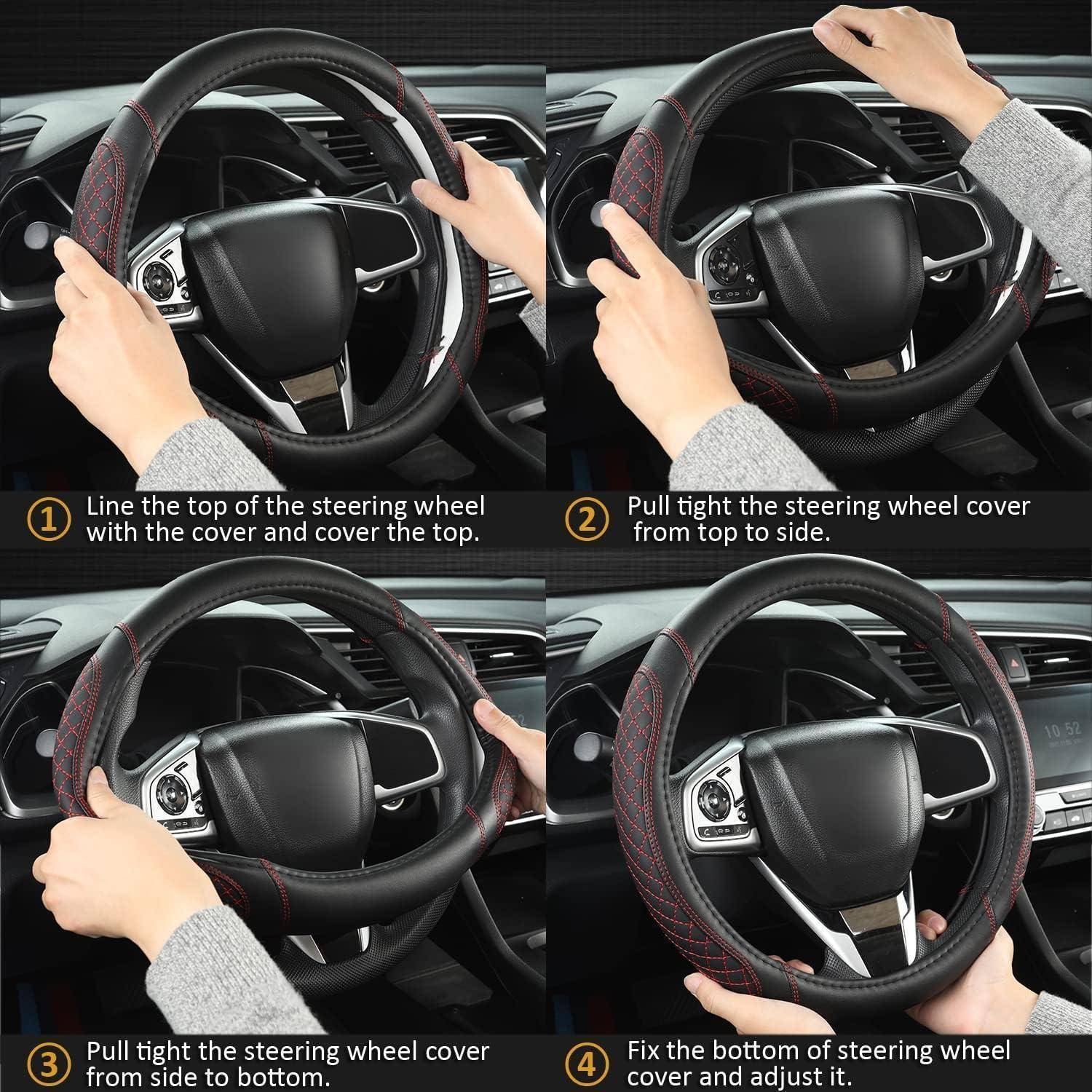Vierschrittiges Infografik, das Hände zeigt, die eine Lenkradabdeckung auf einem Autolenkrad installieren: Oberteil ausrichten, seitlich straff ziehen, dann Unterteil anbringen und befestigen.