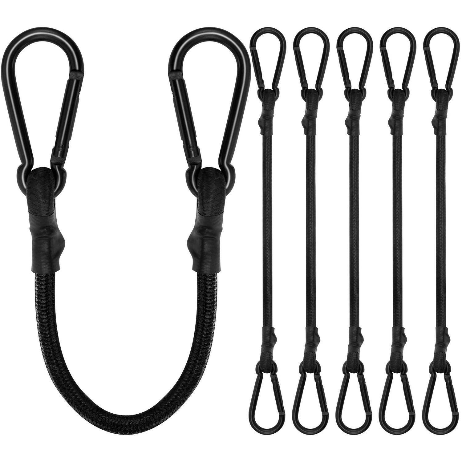 Schwarzes verstellbares Bungee-Seil mit Karabinerhaken, dargestellt als ein Set aus mehreren Längen auf weißem Hintergrund.