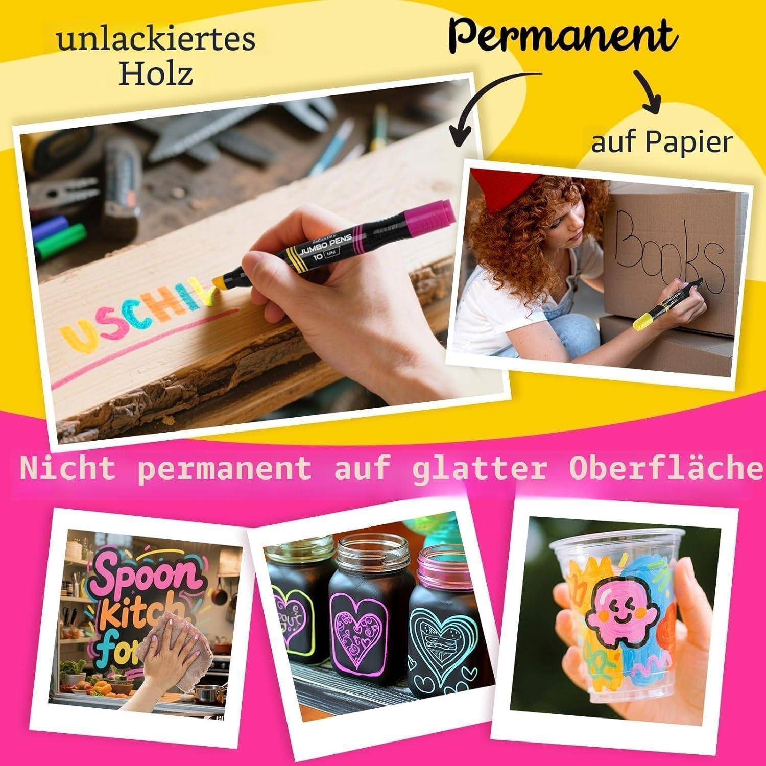 JUMBO marker pens, Marker stifte, Filzstifte Twin-Markers- 4 Stück/8 Farben - Dicke spitze Keilspitze 3-10 mm - Für Malerei, Graffiti, Markieren -