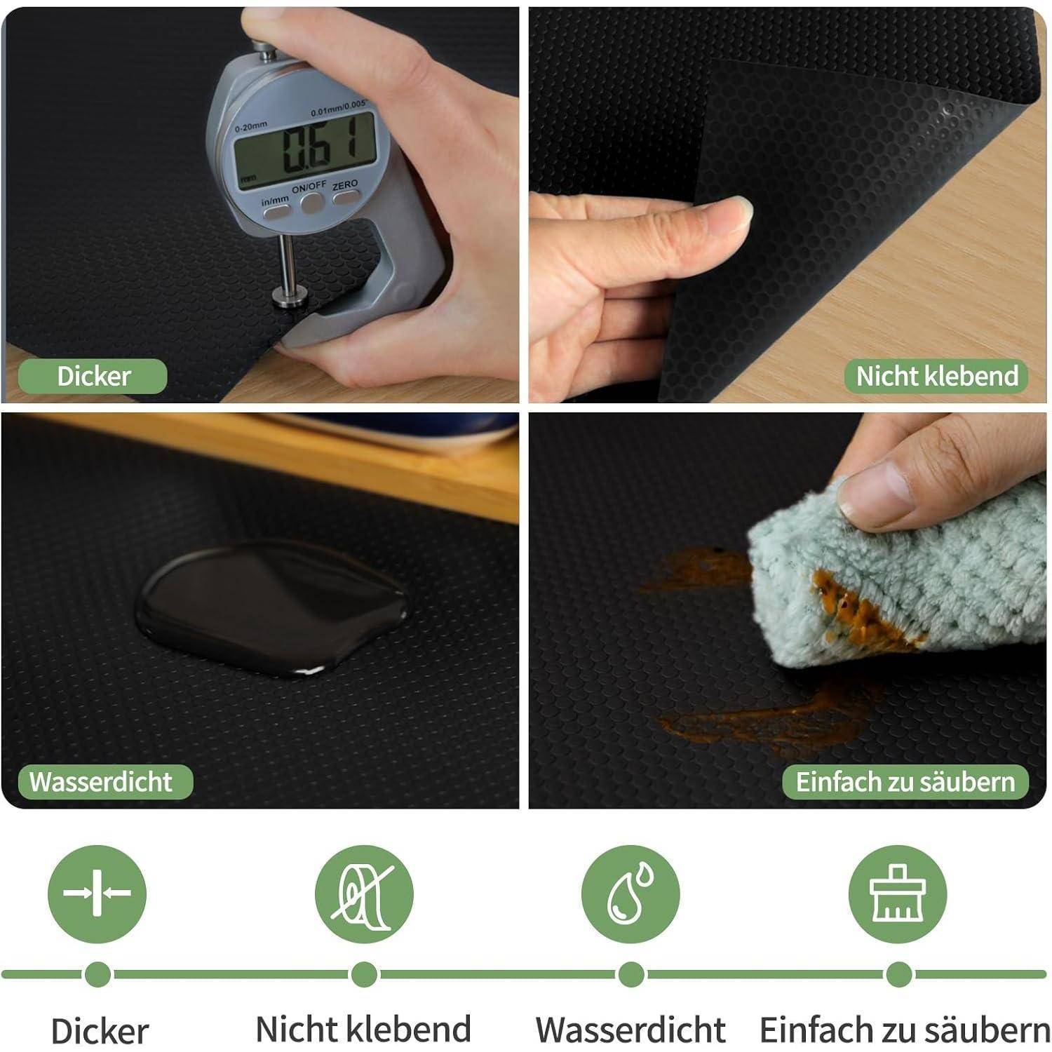 Vierpanel-Produktgrafik, die eine dicke, nicht klebende, wasserdichte, leicht zu reinigende Oberfläche zeigt, mit deutschen Bezeichnungen „Dicker