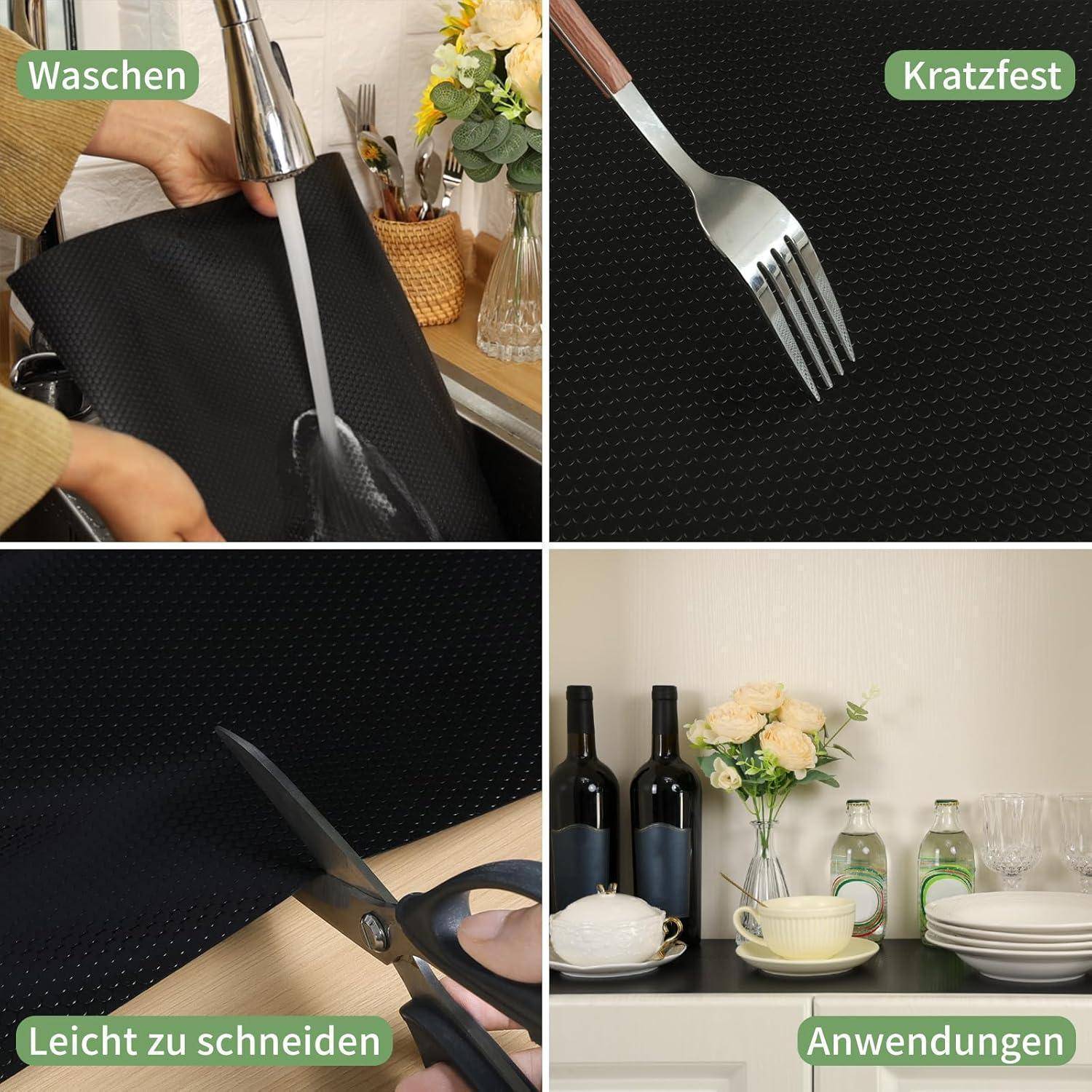 Collage mit einer schwarzen strukturierten Matte, die unter einem Wasserhahn gewaschen wird, auf Kratzerbeständigkeit mit einer Gabel getestet wird, mit einer Schere geschnitten wird und bei einer Tischeindeckung verwendet wird.