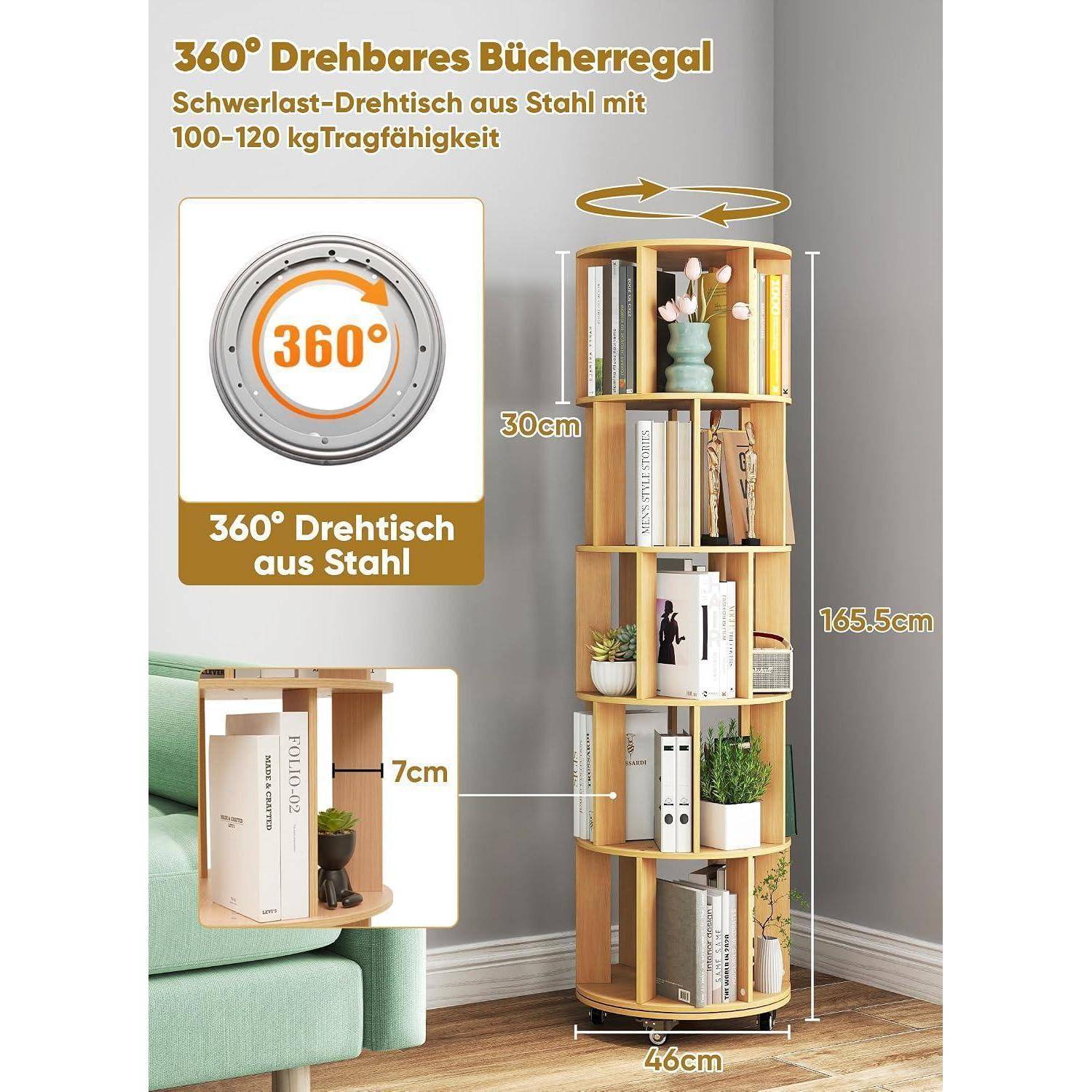 Drehbares Bücherregal 165.5cm mit 360° Rotation Rollen, 5-stöckiges Bücherregal, Platzsparendes Eckregal für Schlafzimmer, Wohnzimmer, Büro | Ho