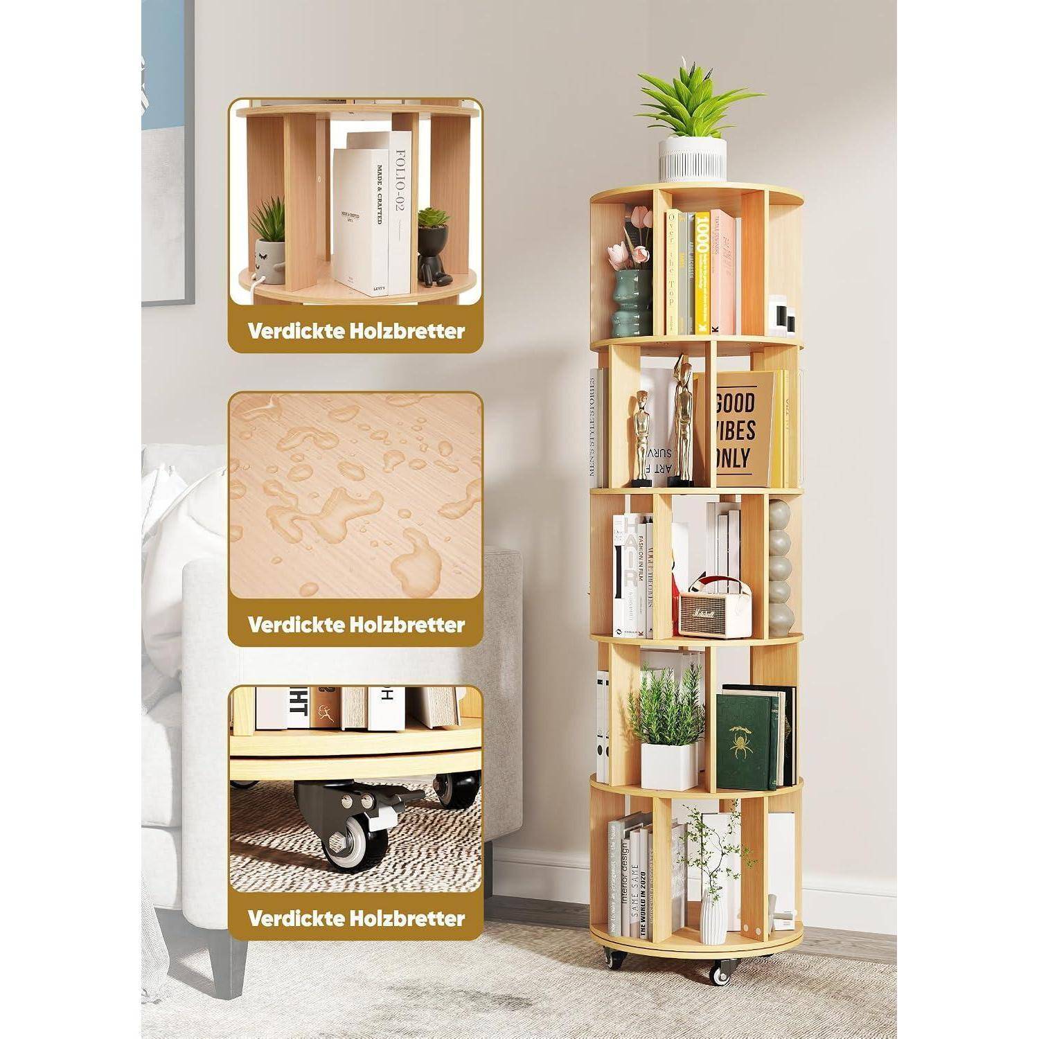 Hohes hölzernes drehendes Bücherregal mit offenen Regalen, Büchern, Dekoration und Pflanzen; eingefügte Beschriftungen zeigen „Verdickte Holzbretter