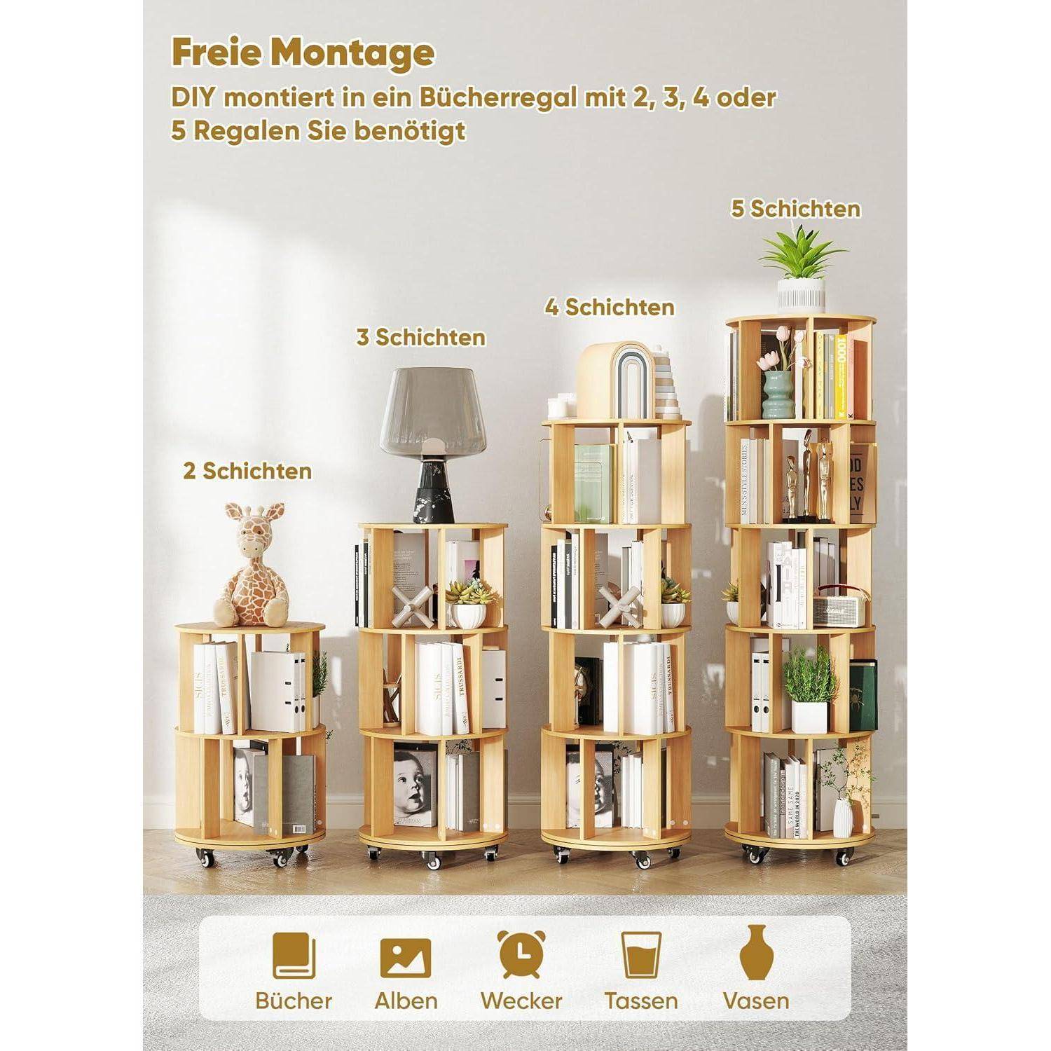 Werbebild eines modularen Holzbücherregals auf Rollen in 2-, 3-, 4- und 5-Fach-Versionen, mit deutschem Text „Freie Montage