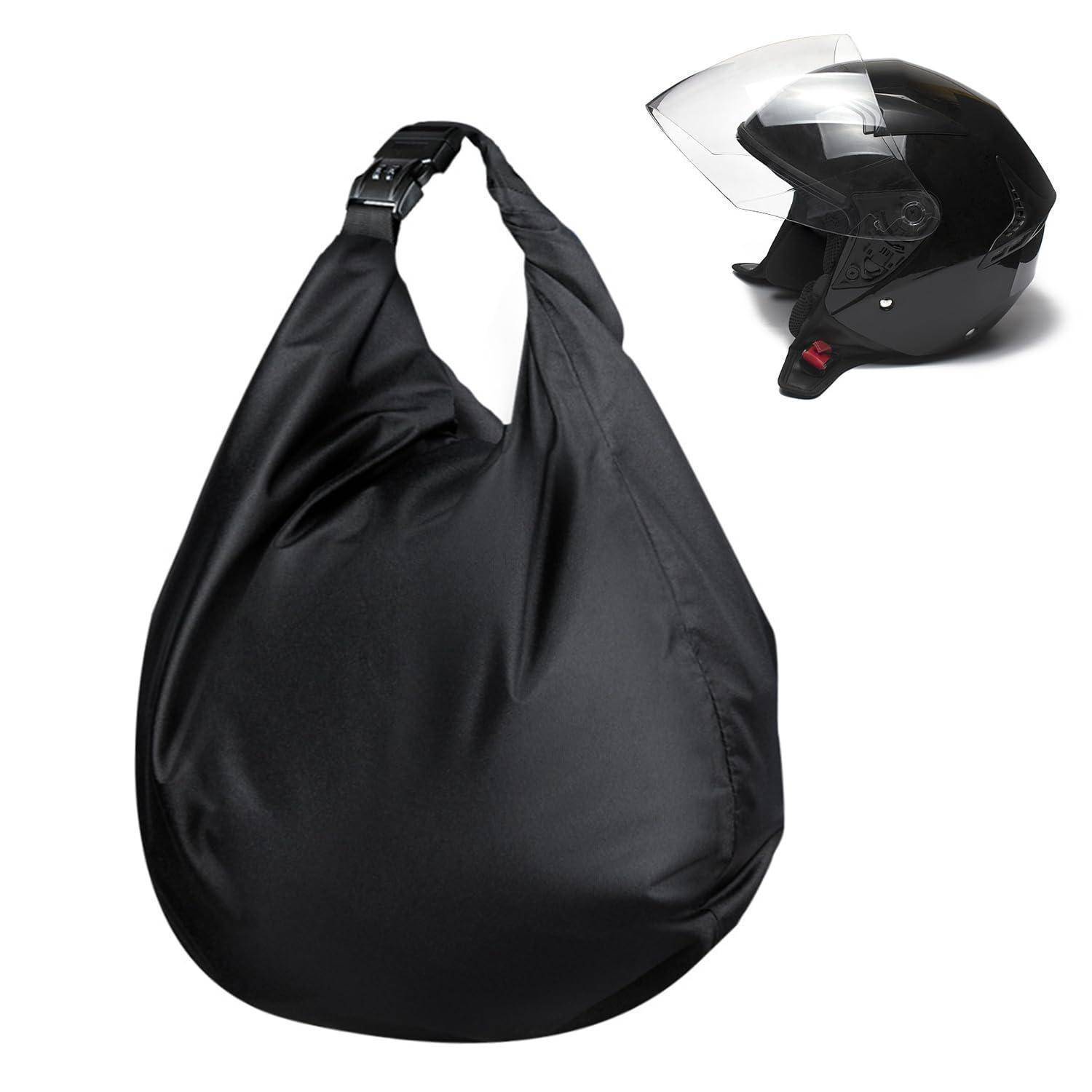Schwarze Helmtasche im Sling-Stil mit Riemen, neben einem Motorradhelm zu Größenvergleichszwecken abgebildet.