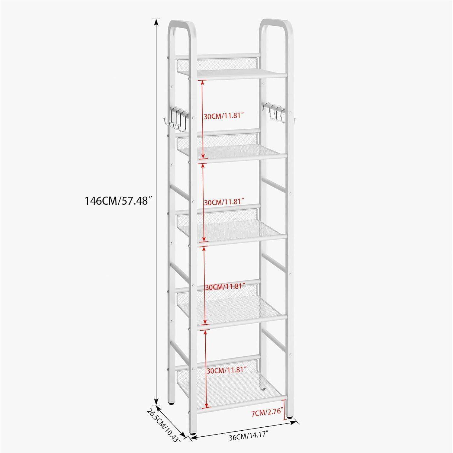 Hohes weißes Überklo-Regalmodul mit 5 Regalen, gezeigt mit Abmessungen: 146 cm hoch, 36 cm breit, 26,5 cm tief, 30 cm Regalabstand.