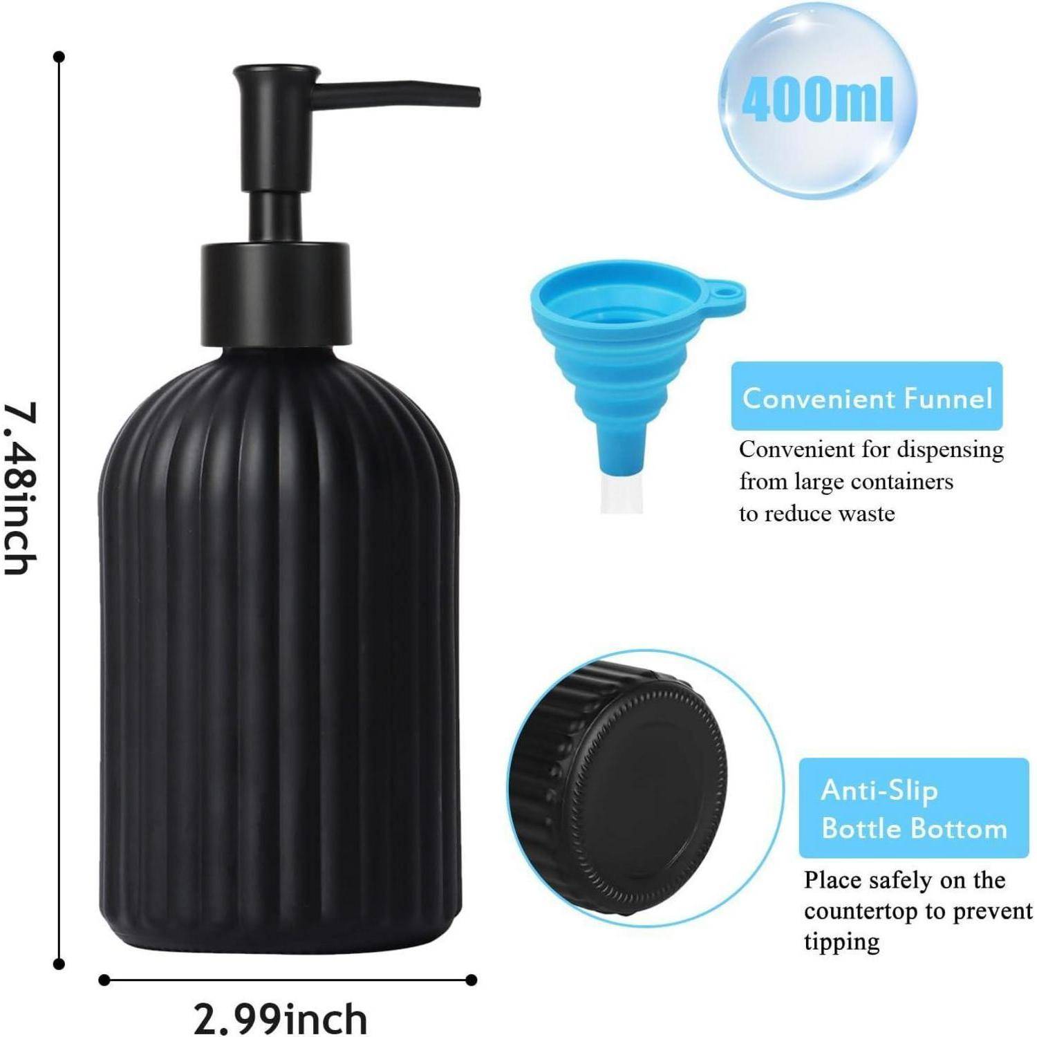 400ml Glas Seifenspender Schwarz, Spülmittelspender für Küche | Seifenspender Schwarz Matt für Badezimmer, Modern Soap Dispenser mit Kunststoffpum