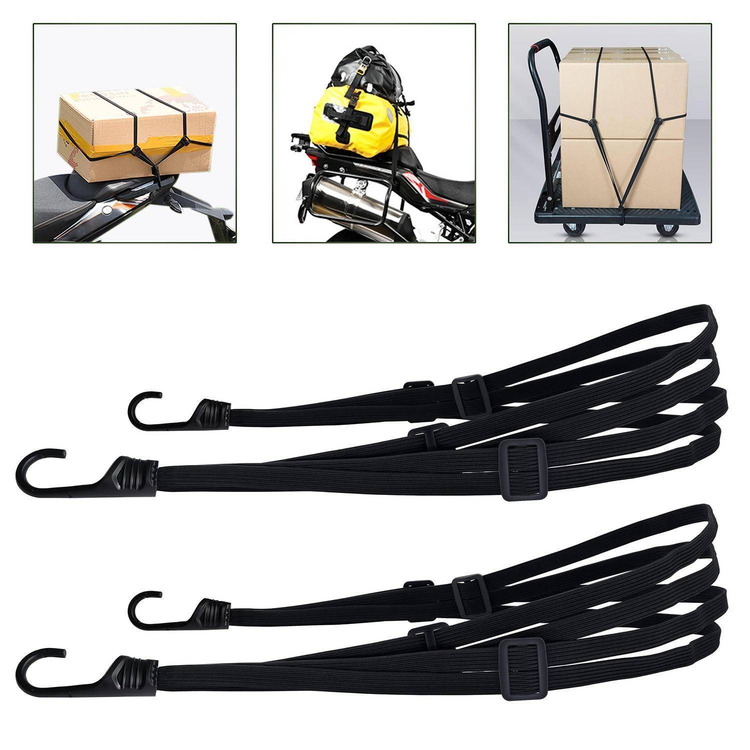 Schwarze elastische Ladungsgurte mit Haken, die zum Sichern von Kisten und Gepäck auf Regalen und einem Wagen verwendet werden.