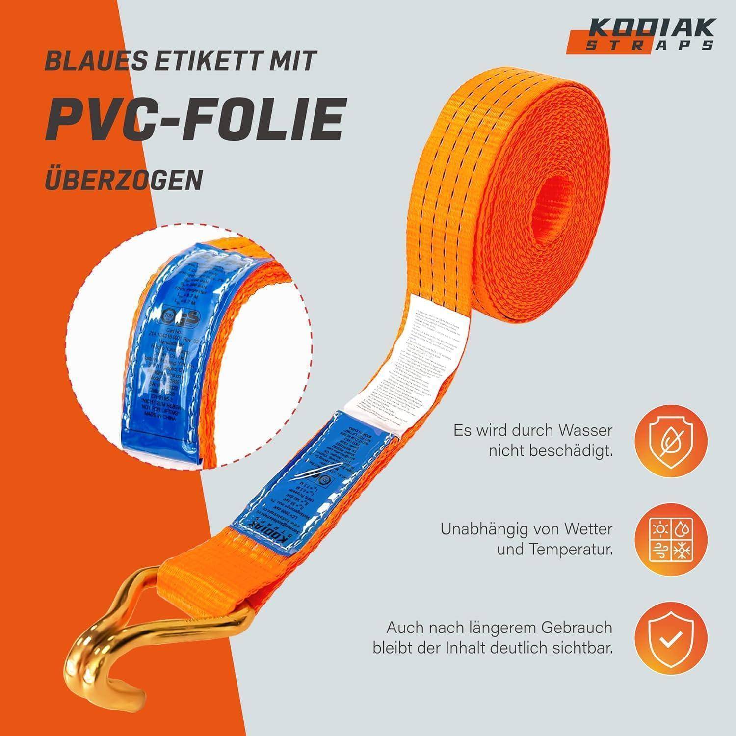 Marketinggrafik eines orangefarbenen Gurts mit einem blauen, mit PVC-Folie überzogenen Etikett, mit dem Titel 