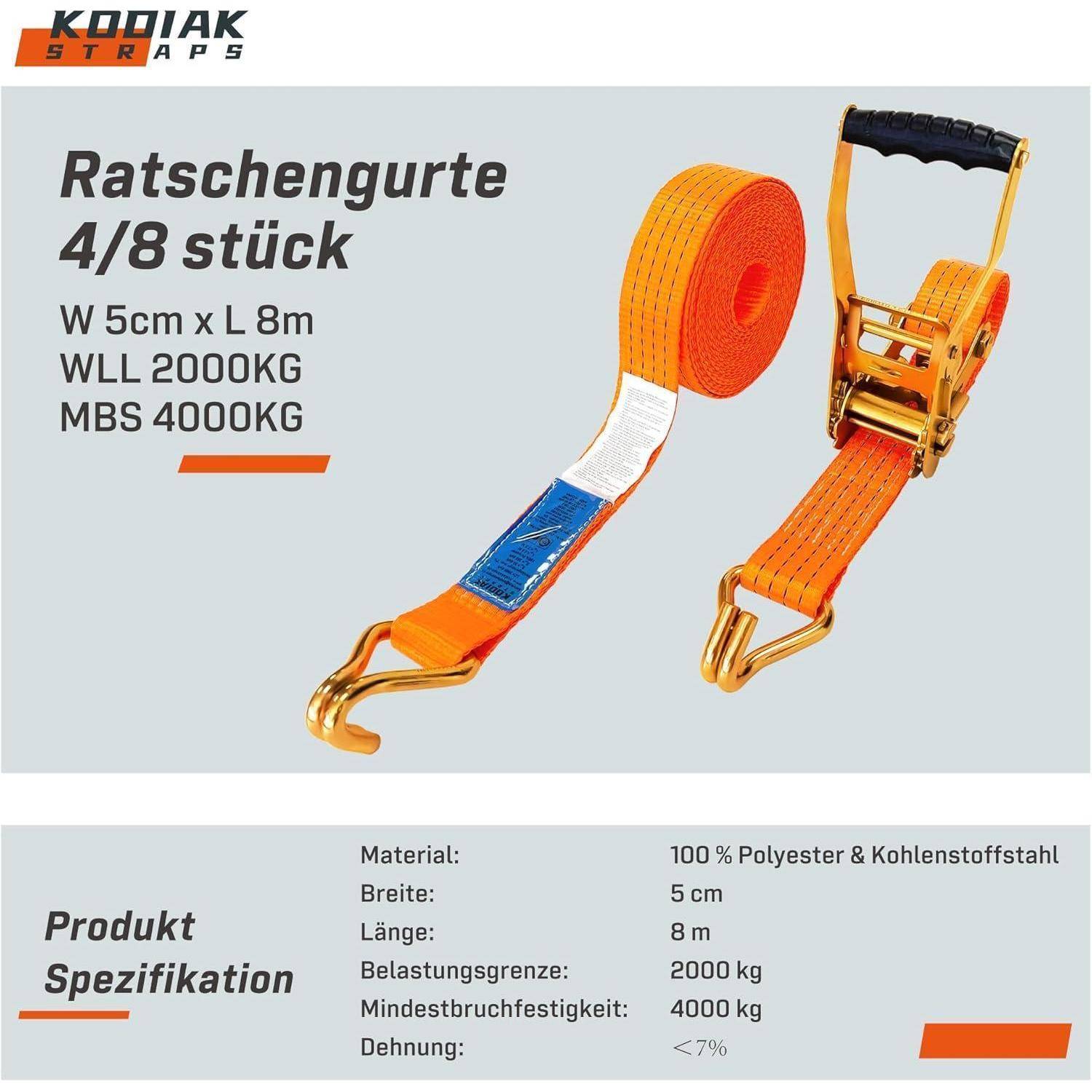 Produktspezifikation für Kodiak Straps Ratschengurte, 4/8 Stück; 5 cm x 8 m, WLL 2000 kg, MBS 4000 kg, weniger als 7% Dehnung.