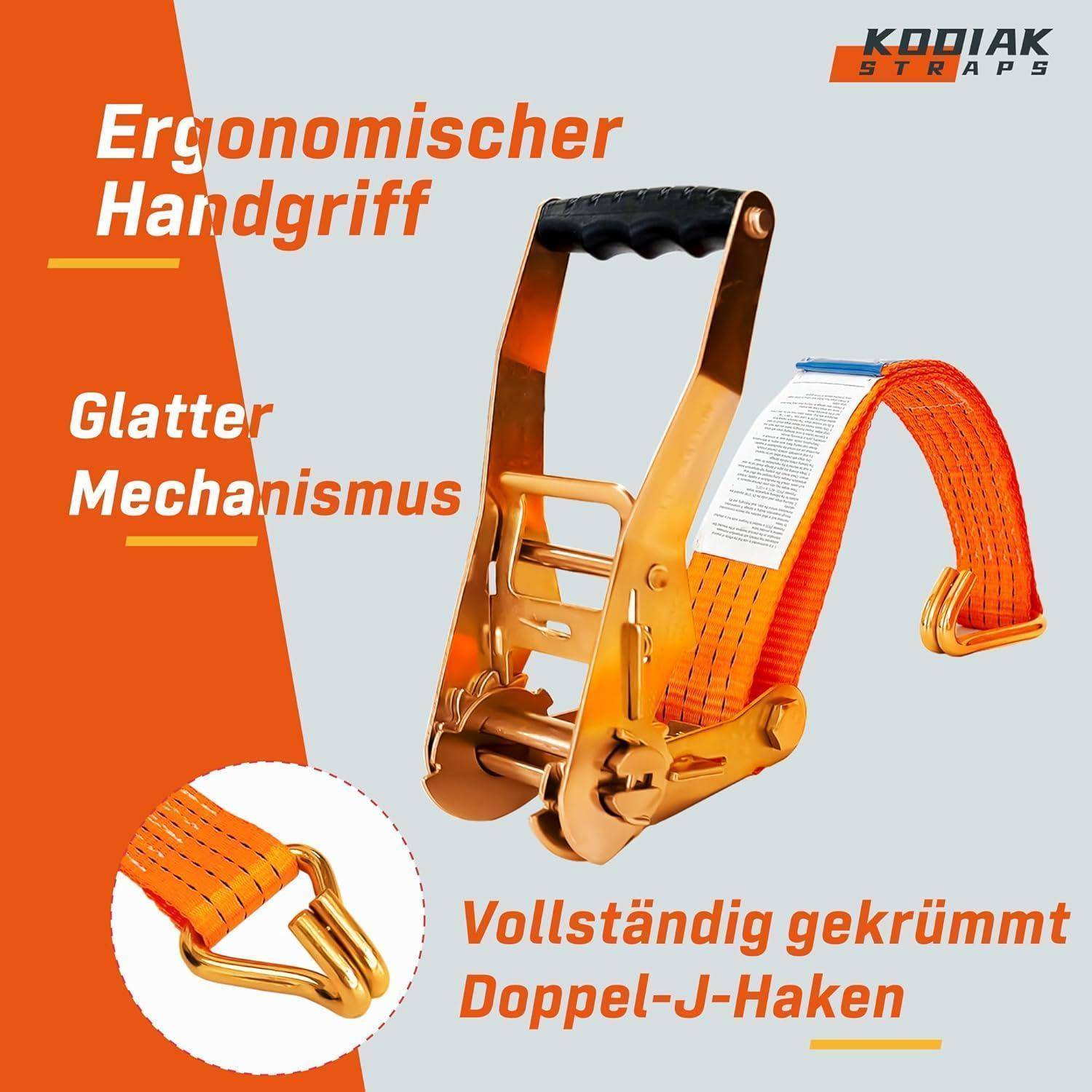 Produktbild eines orangefarbenen Kodiak Straps Ratschenzurrgurt mit ergonomischem Griff, sanftem Mechanismus und vollständig gekrümmtem doppeltem J-Haken; deutsche Etiketten heben die Merkmale hervor.