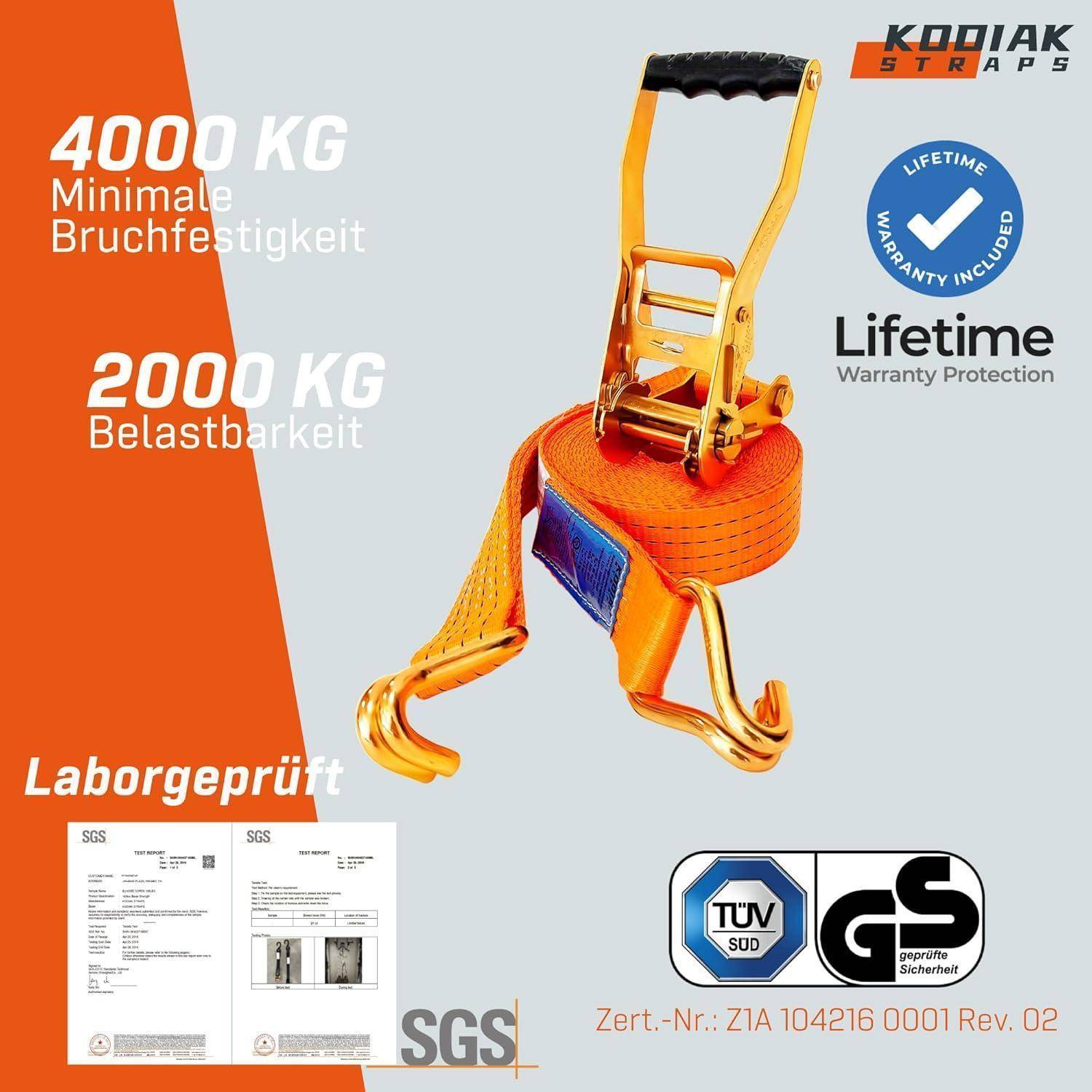 Werbebild eines orangefarbenen Ratschenzurrgurts mit Haken, der 