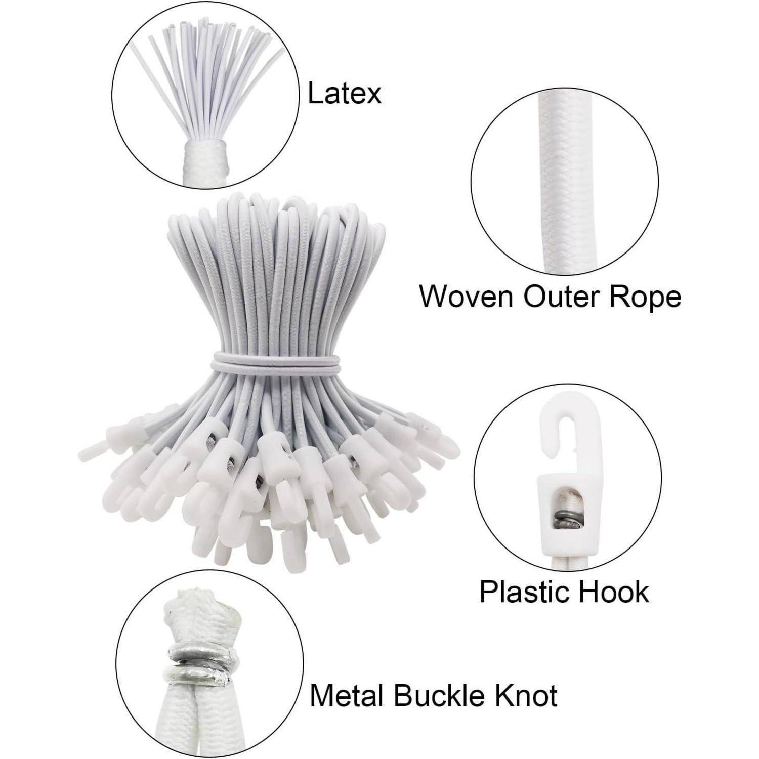 Diagramm eines Bungee-Seil-Bündels mit beschrifteten Teilen: Latex, Gewebtes Außenseil, Kunststoffhaken und Metallschnalle Knoten.