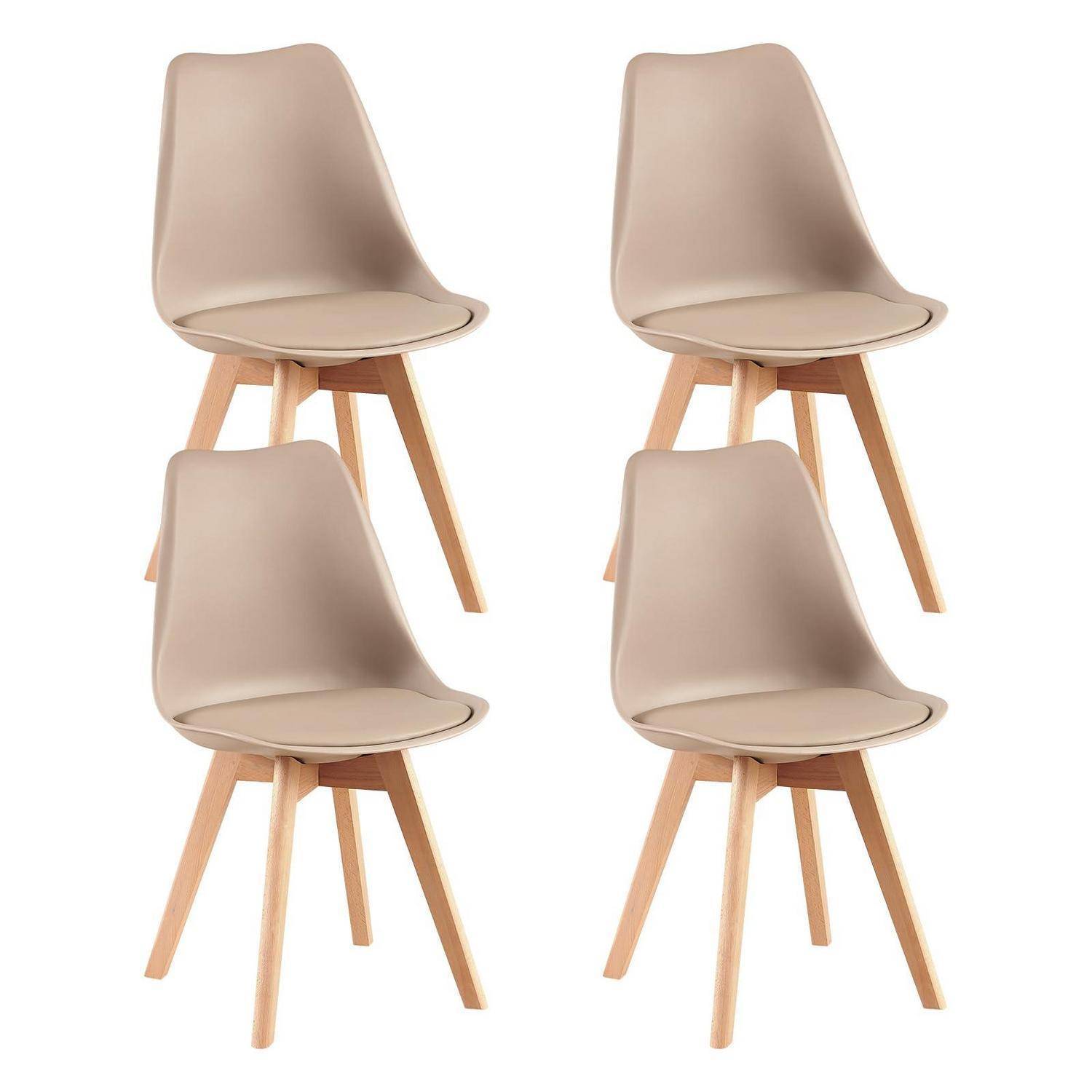 Vier beige moderne Esszimmerstühle mit hellen Holzbeinen, in einer zwei-mal-zwei-Anordnung auf weißem Hintergrund dargestellt.
