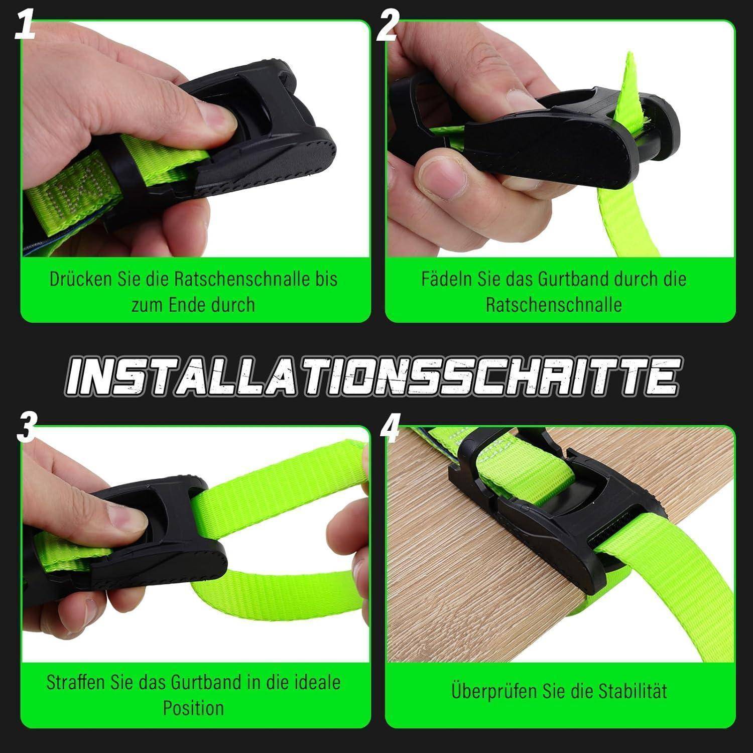 Installationsschritte für eine Ratschenschnalle: Führen Sie den hellgrünen Riemen durch, spannen Sie ihn in die ideale Position und überprüfen Sie die Stabilität.