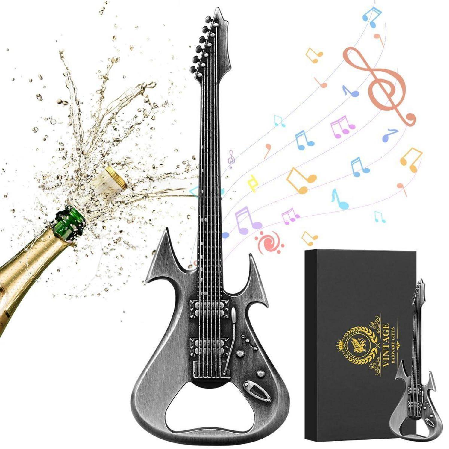 Schwarze E-Gitarre mit charakteristischem ausgeschnittenem Korpus steht neben einer Geschenkbox, mit spritzendem Champagner und bunten Musiknoten im Hintergrund.