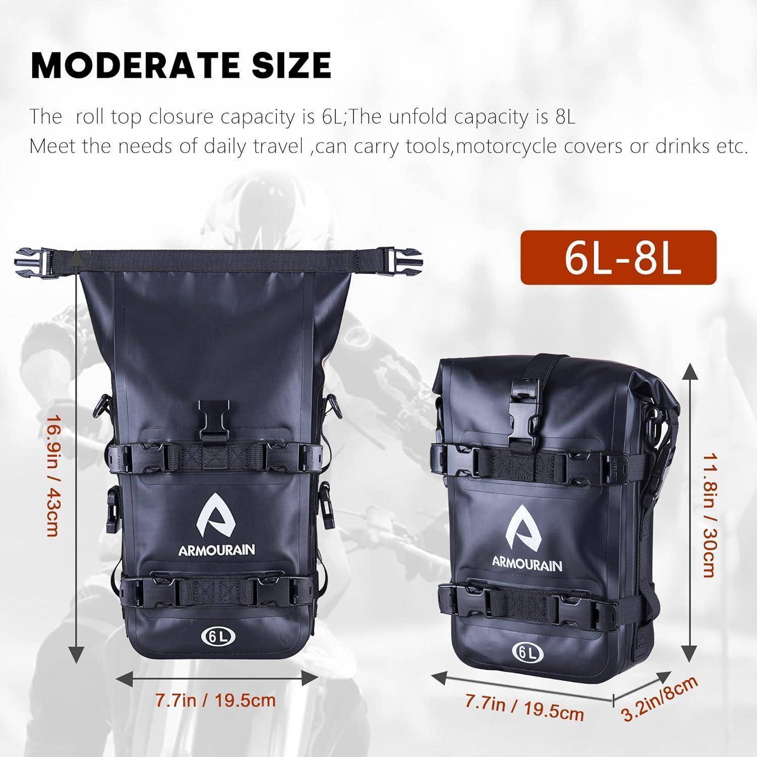 Produktvergleichsgrafik einer schwarzen Rolltop-Tasche in zwei Zuständen, mit 6L geschlossener und 8L erweiterter Kapazität, mit Abmessungen 16,9 x 7,7 x 3,2 Zoll und 11,8 x 7,7 x 3,2 Zoll.