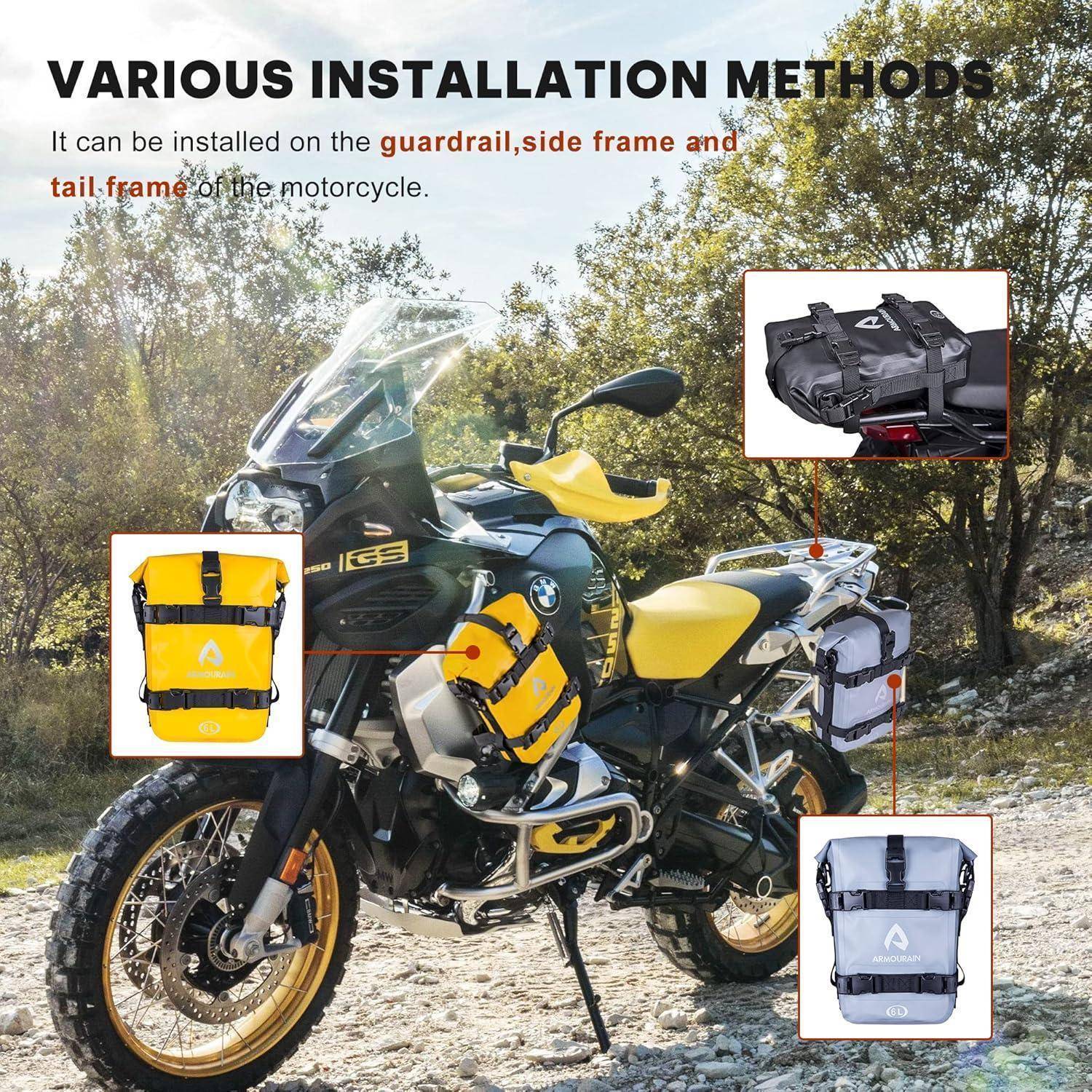 Motorrad mit gelben Seitentaschen und drei eingesetzte Bilder, die Gepäckinstallationsmethoden auf der Schutzschiene, dem Seitenrahmen und dem Heckrahmen zeigen.
