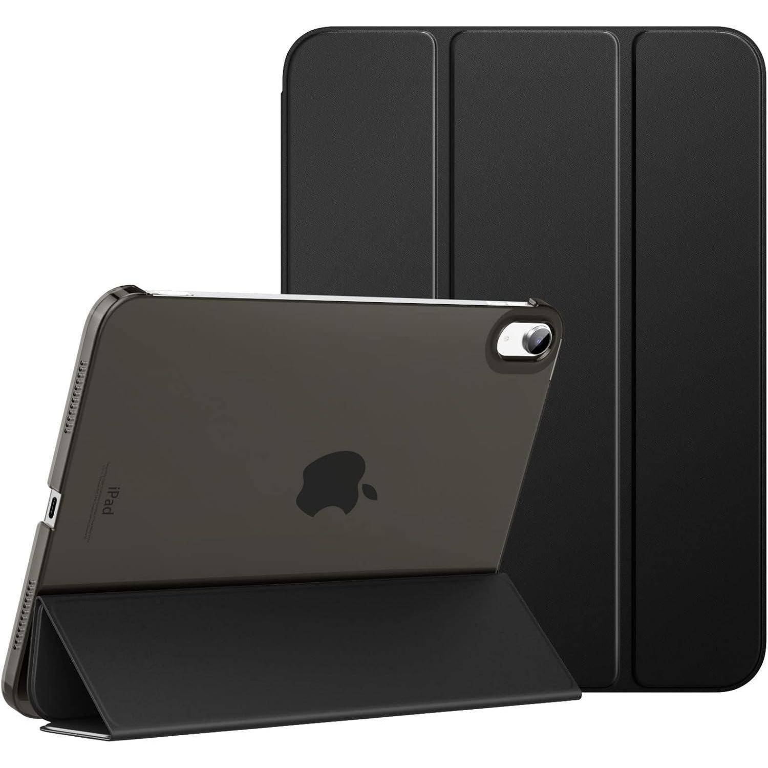 Schwarzes iPad in einer faltbaren Schutzhülle, von vorne und hinten gezeigt, mit sichtbarer Rückkamera.