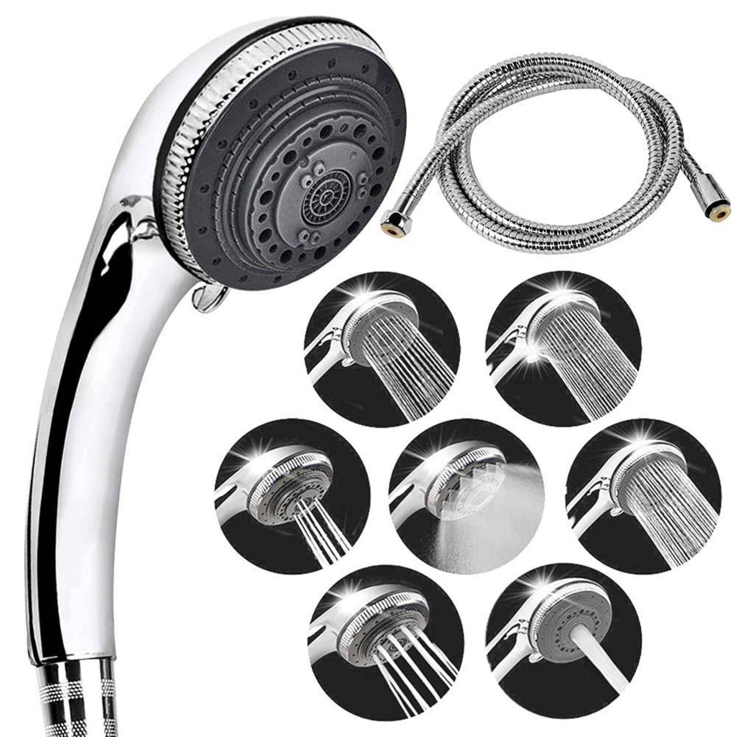 Chromhanddusche mit Schlauch, dargestellt mit mehreren Sprüheinstellungen und Wasserdurchflussbeispielen.