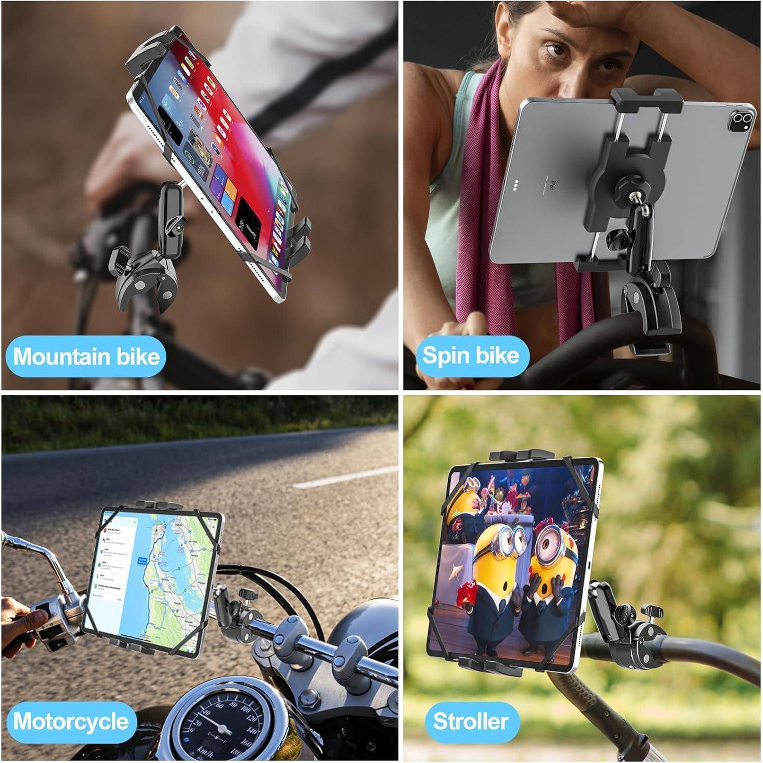 Collage mit vier Anwendungsfällen für Tablet-Halterungen mit den Bezeichnungen Mountainbike, Spinningbike, Motorrad und Kinderwagen, die verstellbare Halter zeigen, die ein Tablet in jeder Situation sichern.