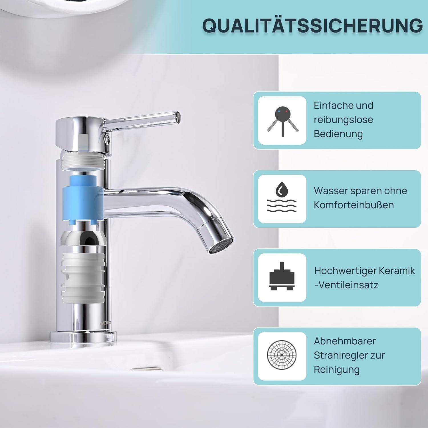 Wasserhahn Bad Mischbatterie, Waschtischarmatur mit Geräuscharmem Keramischem Ventilkern, Einhebelmischer Waschbecken Warm und Kaltwasserhähne, Abne