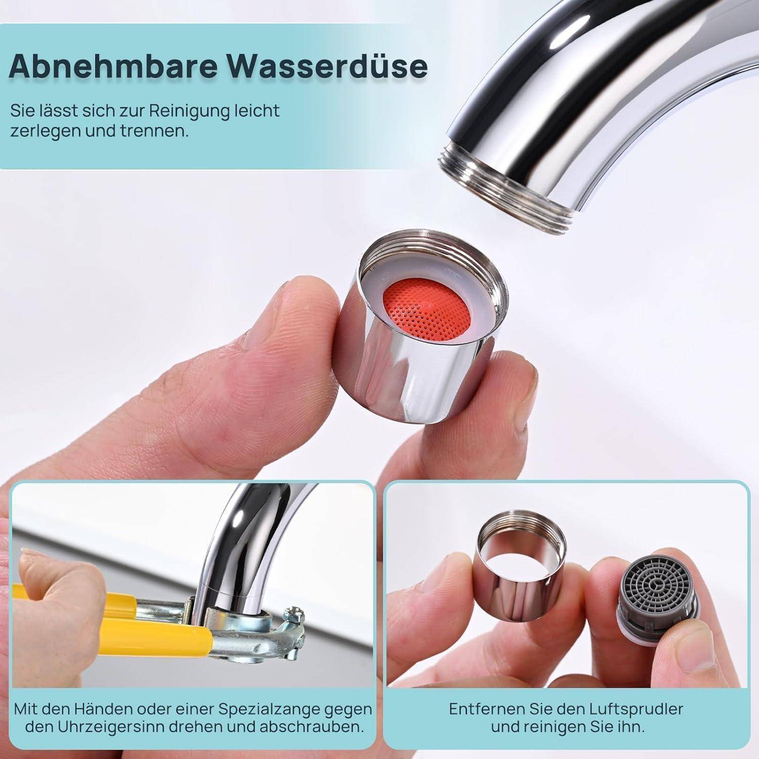 Entfernbarer Wasserhahn-Perlator zum Reinigen abschrauben, mit Nahaufnahmen der Zerlegungs- und Wiederzusammensetzungsschritte.