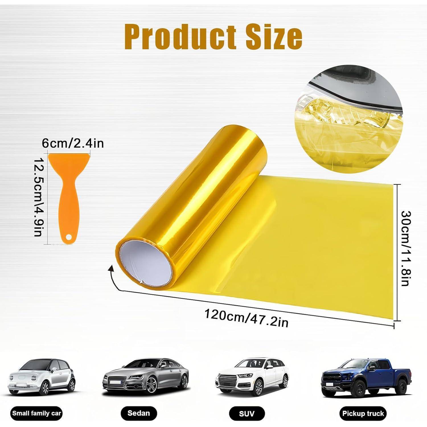 Produktgrößen-Diagramm für eine Auto-Vinyl-Wrap-Rolle: 120 cm x 30 cm Blatt, 6 cm breites Werkzeug, 12,5 cm Griff; geeignet für kleine Autos, Limousinen, SUVs und Pick-up-Trucks.